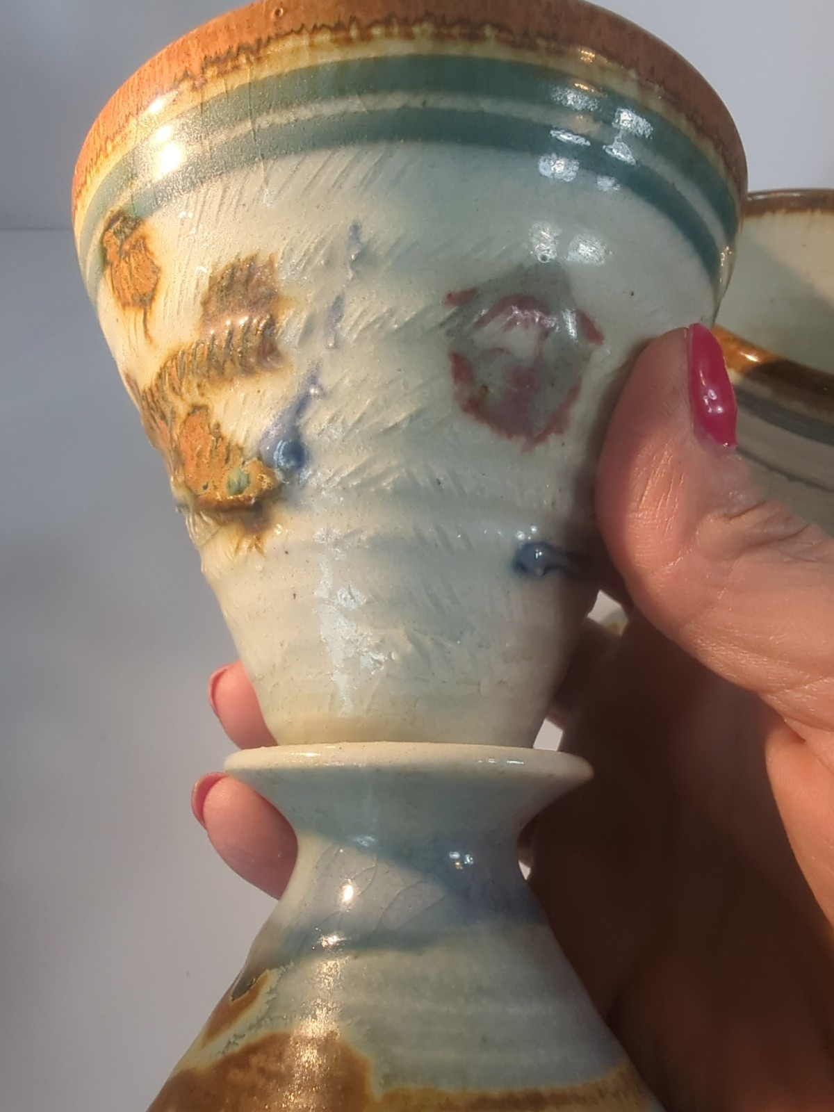 VTG. Studio Art Pottery Hand Thrown Blue Earth Tones Goblets/Vases 6″ Set Of 2