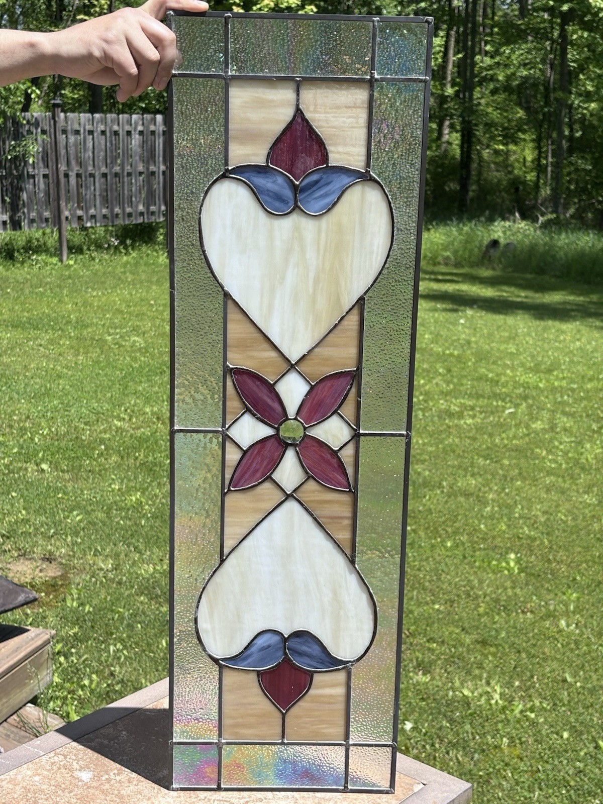 Traditional Art Nouveau Stained Glass Panel 35.5×11” Red Blue Irrodecent Border