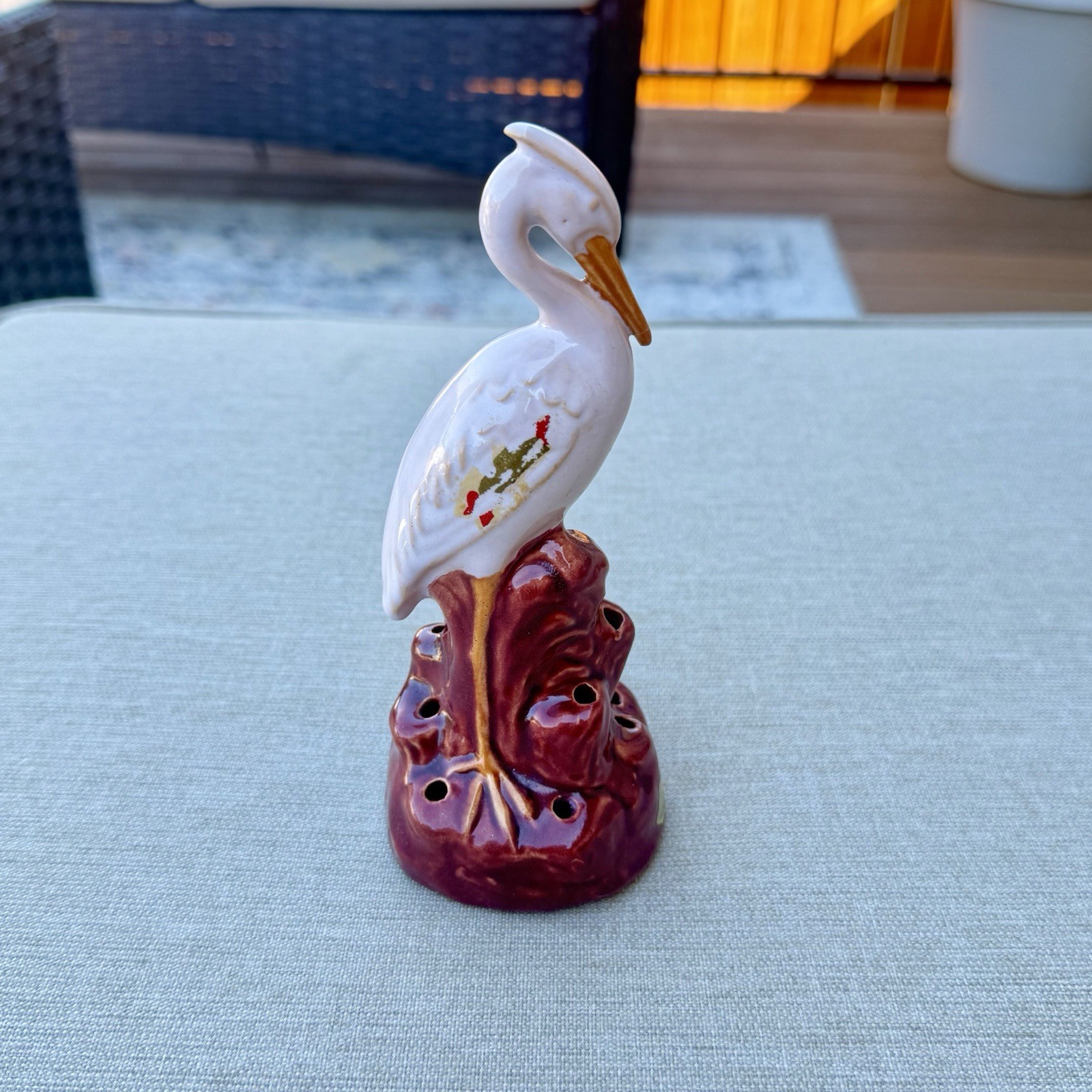 Vintage Rosemeade Pottery Heron Crane Flower Holder Frog and Bowl Burgundy