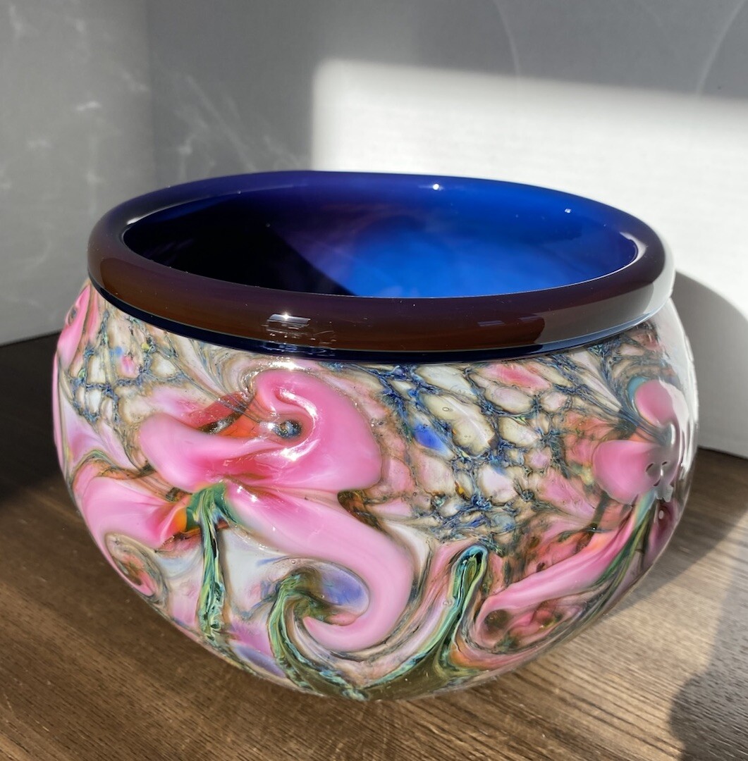 Charles Lotton Floral Iris Art Glass Bowl, Hand Blown, Artist Signed 2014