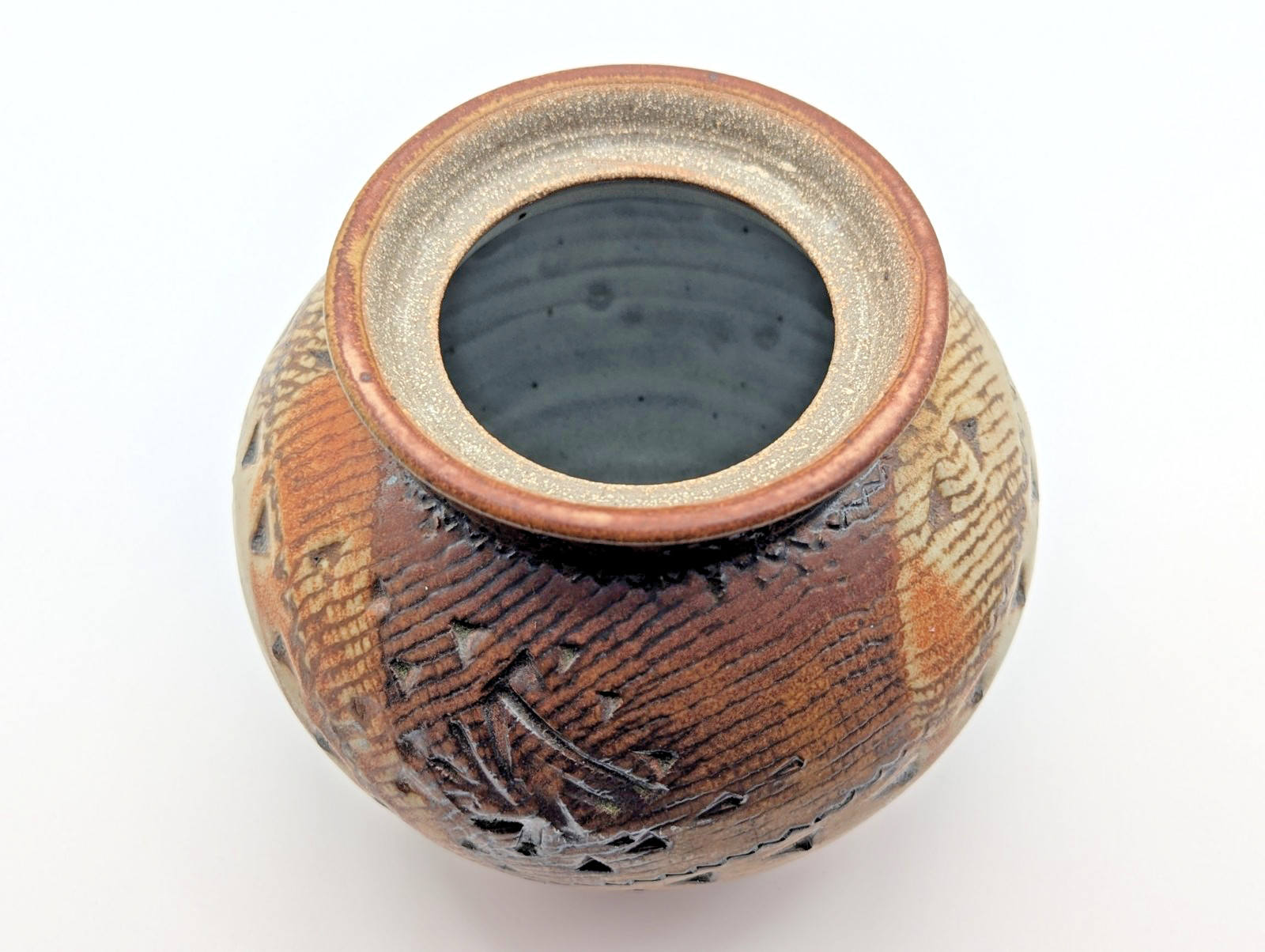 Signed Studio Art Pottery Incised Design 6″ Vase / Urn with Lid by T J 2004