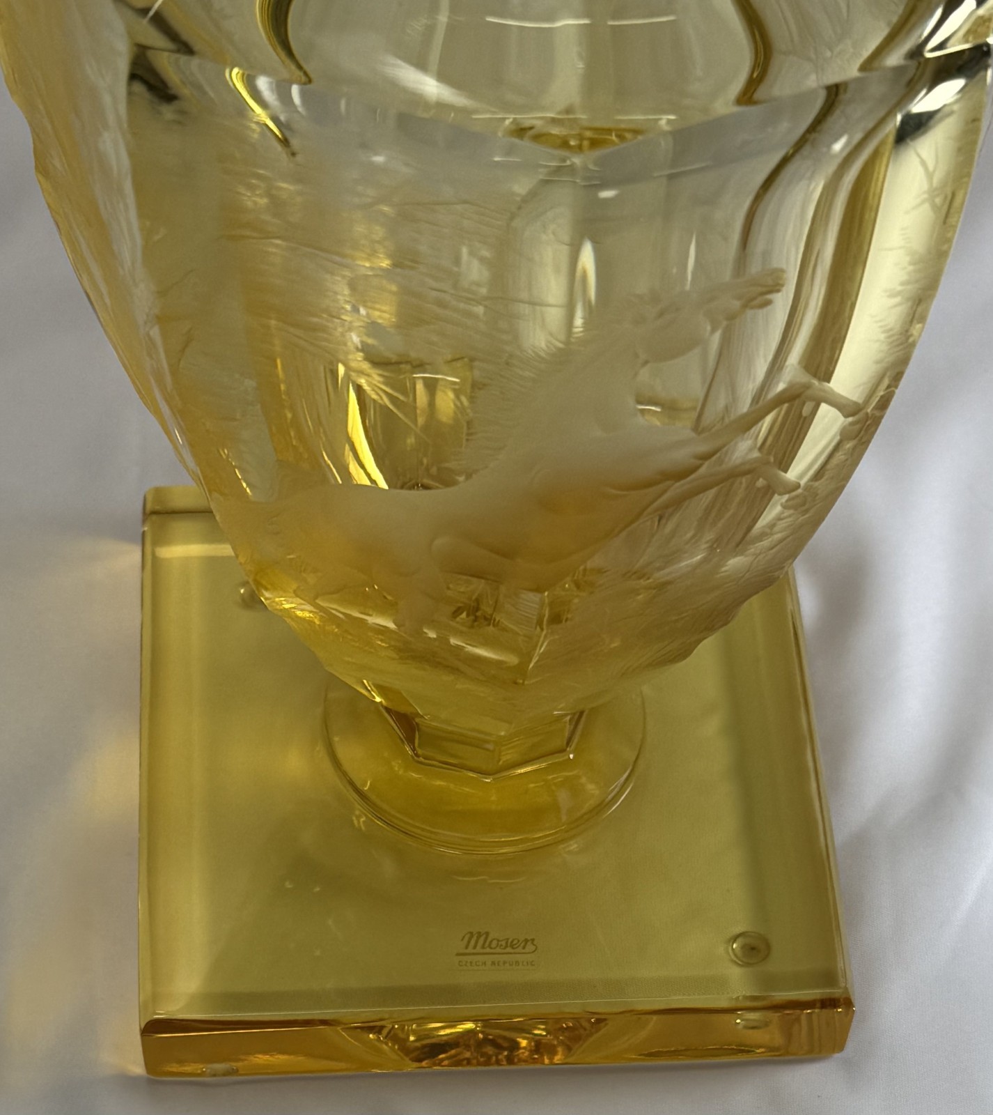 Moser Jumping Horse Vase Elder Yellow Engraved Potash Glass 12in