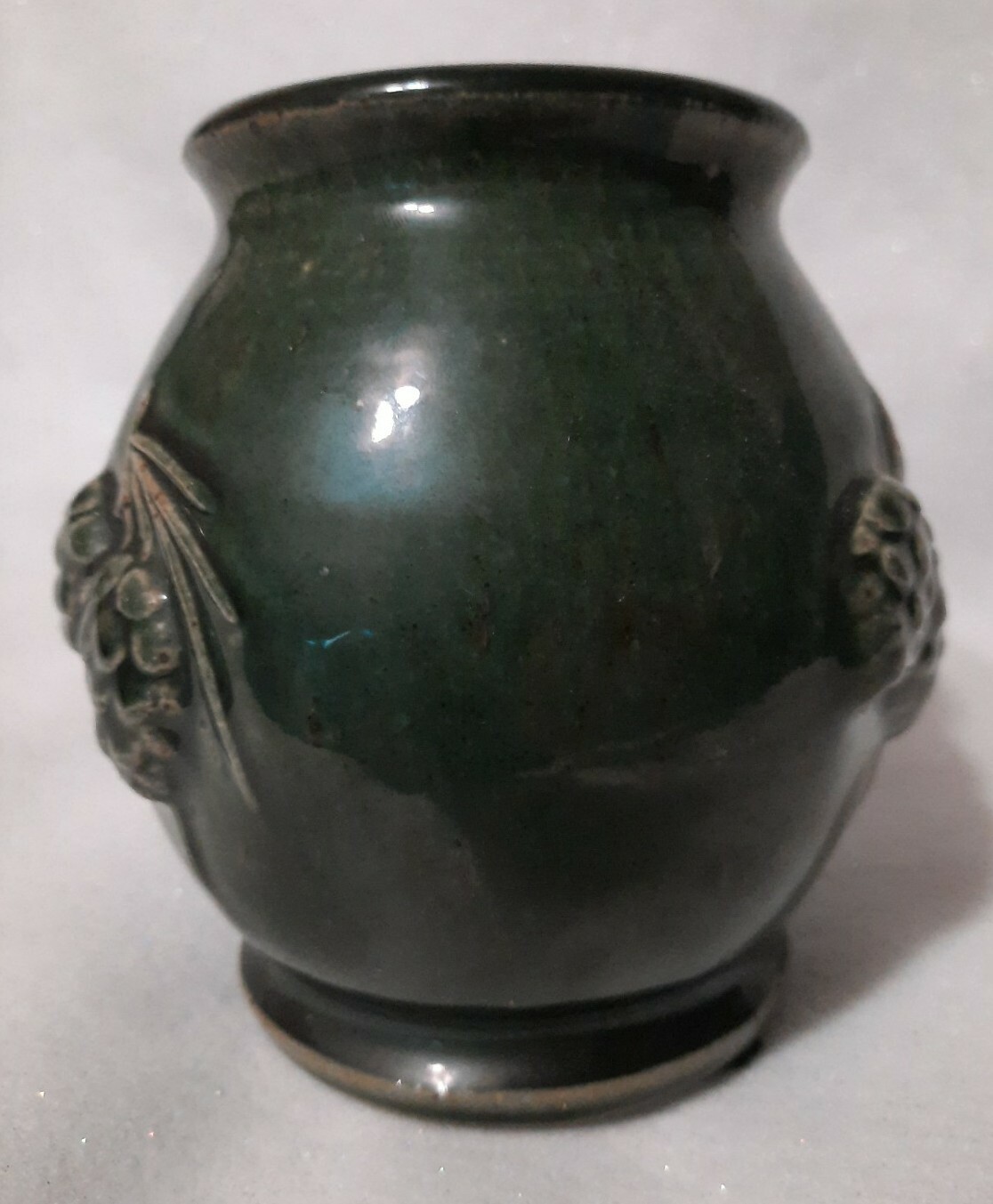 Pottery Round Short Pine Cones Vase Signed Unknown Illegible Signature