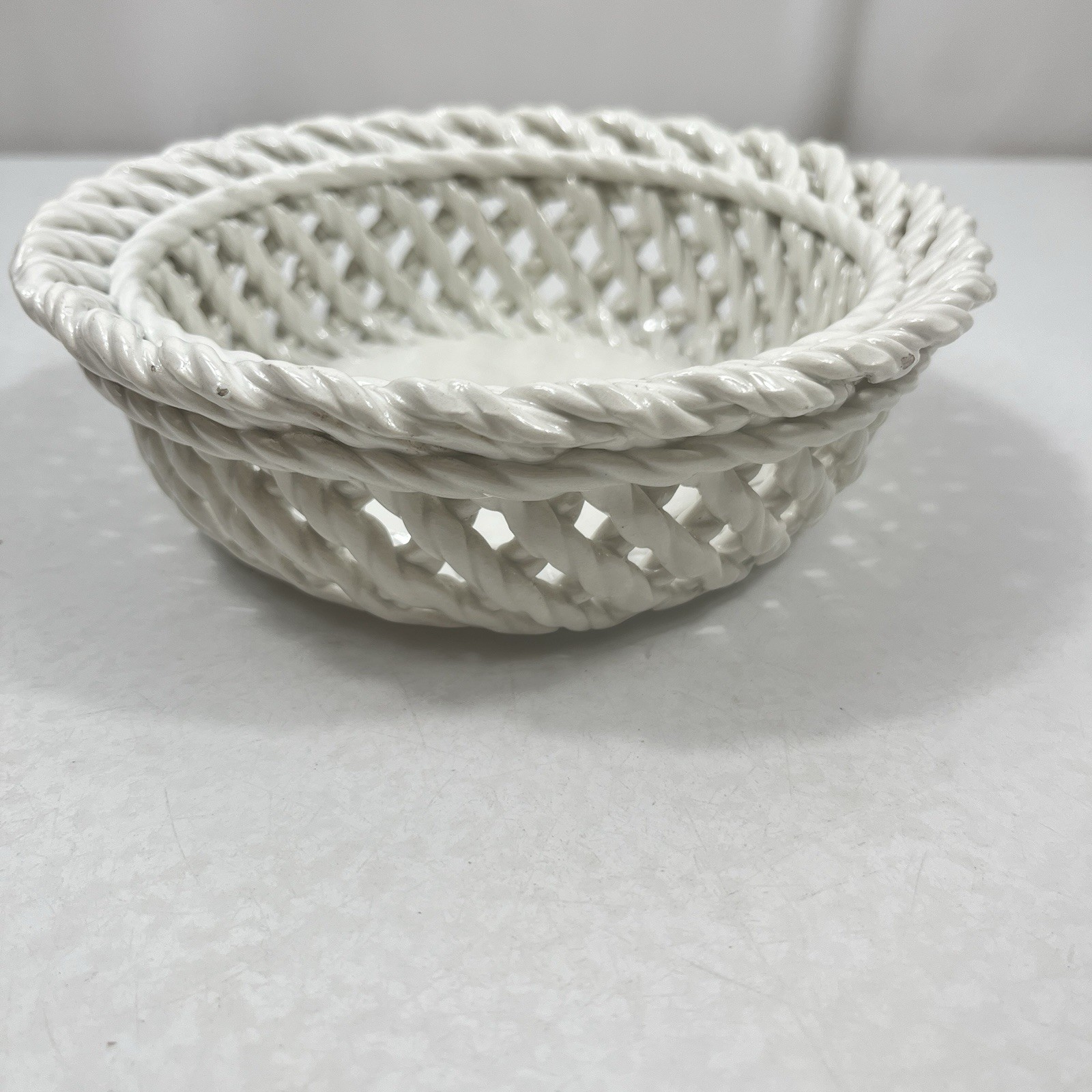 Italian Ceramic Woven Basket Bowl Stamped 145 White 6″ Glossy
