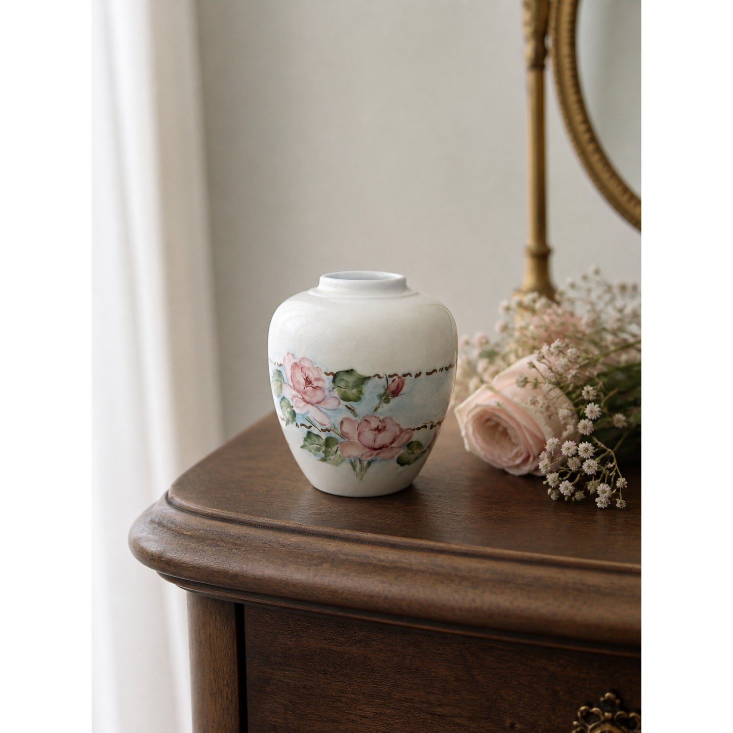 Hand Painted Porcelain Floral Vanity Jar Vase Pink Rose Victorian Romantic Decor