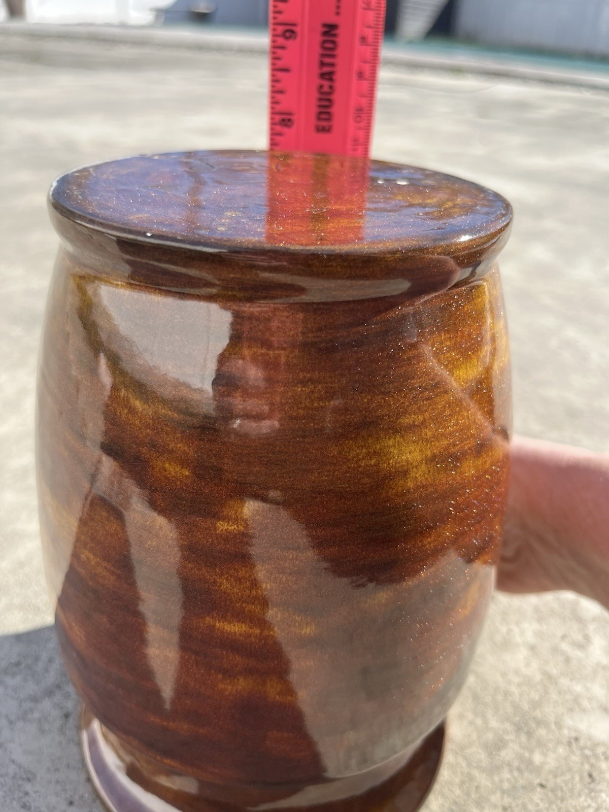 VTG 73’ Ceramic Art Glass Vase Handmade Glittery Warm Autumnal Tones 7.5”