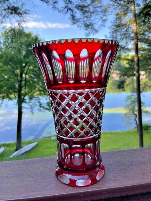 Val St. Lambert Cranberry Ruby Cut-to-Clear Crystal Vase 10″ Unsigned