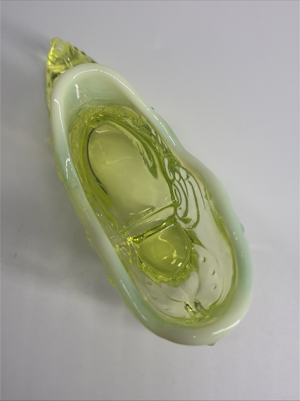 Mosser Opalescent Vaseline Uranium Rose Slipper Shoe Figurine 6″ UV Glow Vintage