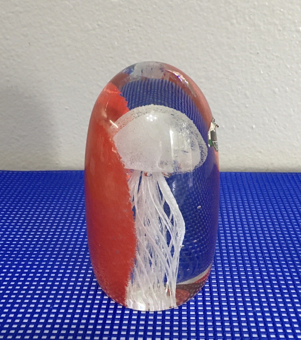 Art Glass Paperweight, Red With Clear Jellyfish Italian Murano-Style 4.5” Tall