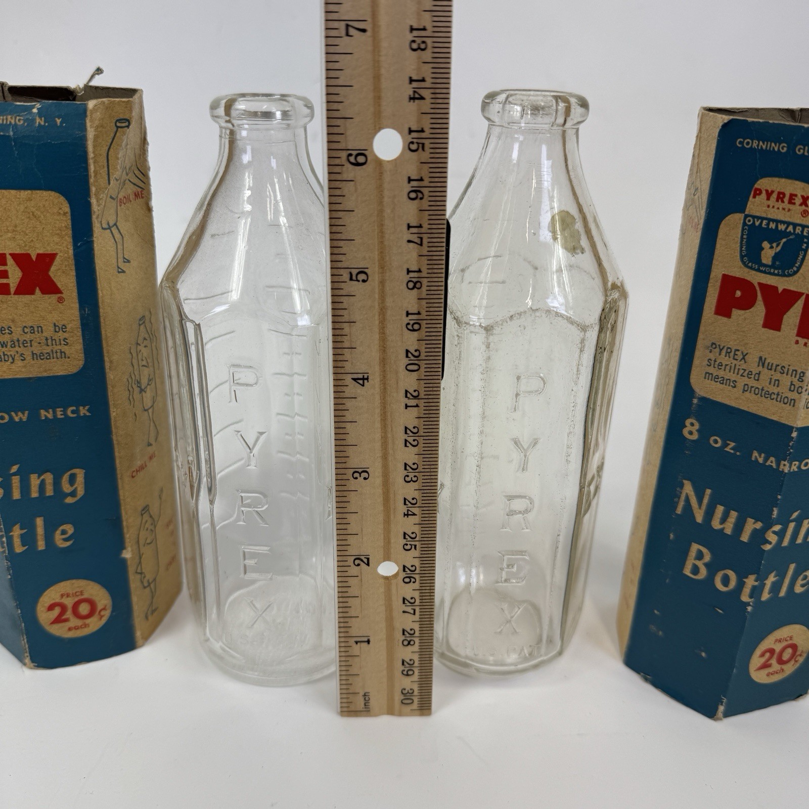 2 Corning PYREX 8 OZ. Narrow Neck Glass NURSING BOTTLE w/ Sleeve Packaging Vtg