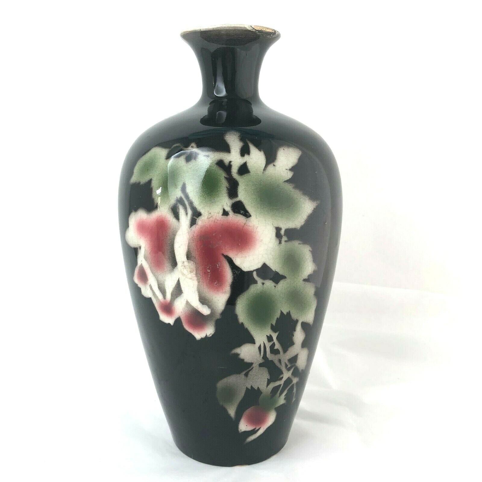 Vintage Black Pottery Vase with Crown / Made in England 8 3/4″ High
