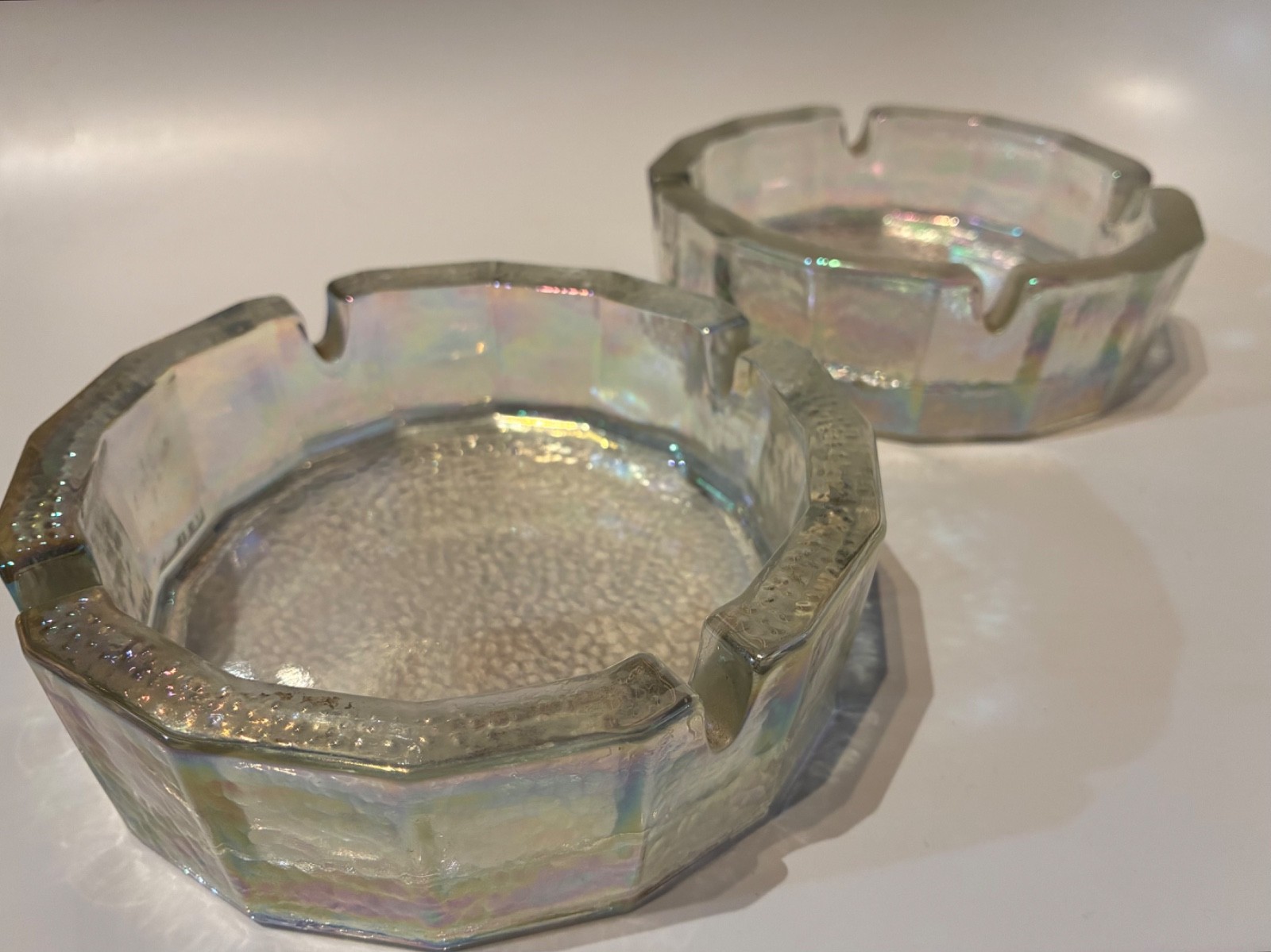 Pair (2) Vintage MCM Blenko Iridescent Rainbow Hammered 16 Sided Glass Ashtrays