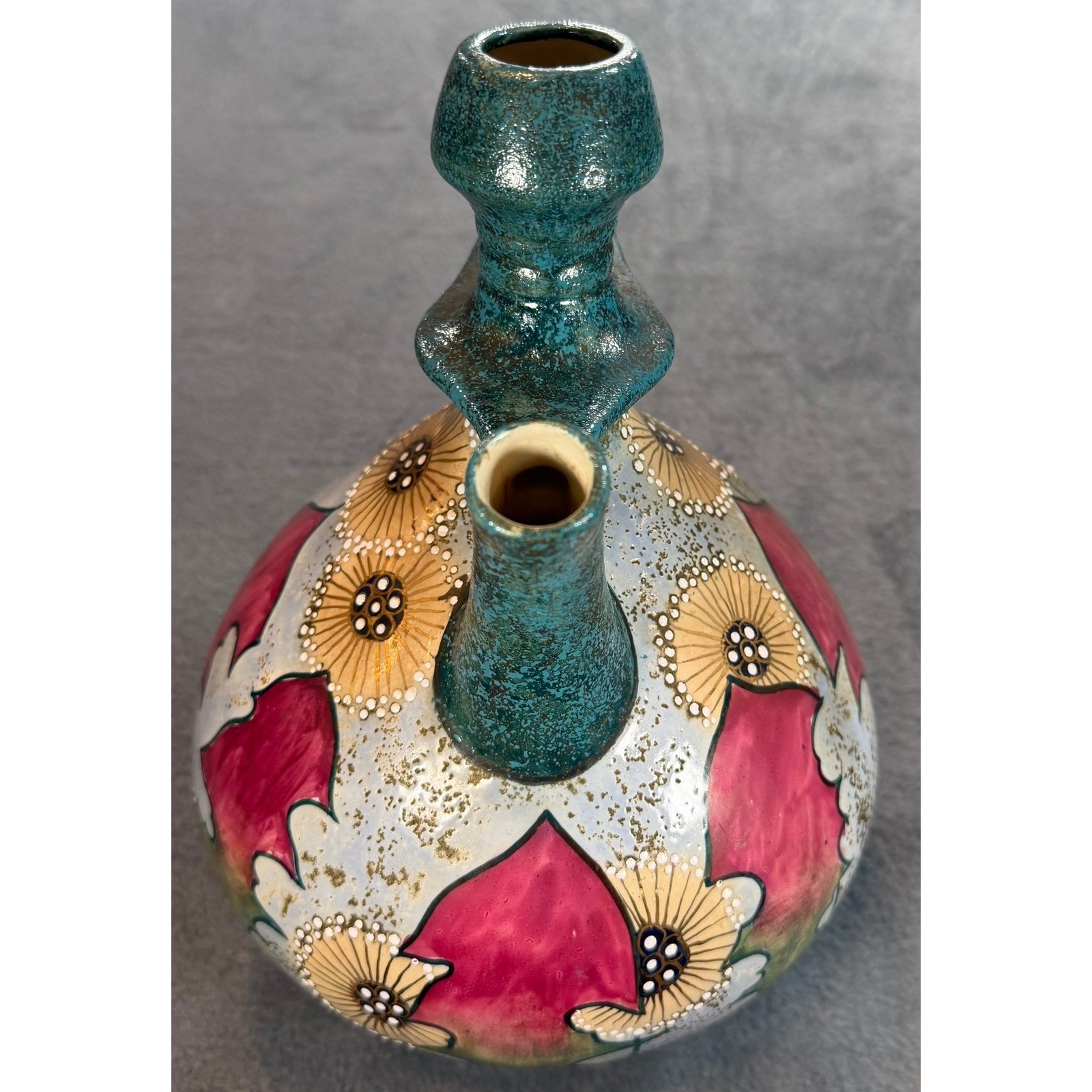 1900 Amphora Czechoslovakia Art Pottery Ewer Pitcher Floral Teal Magenta Gold