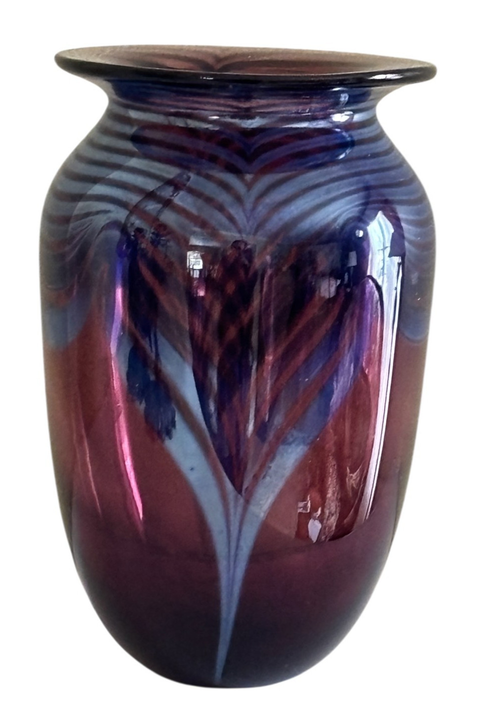 Robert Eickholt Pulled Feather iridescent Purple Amethyst Vase Signed Date 1989