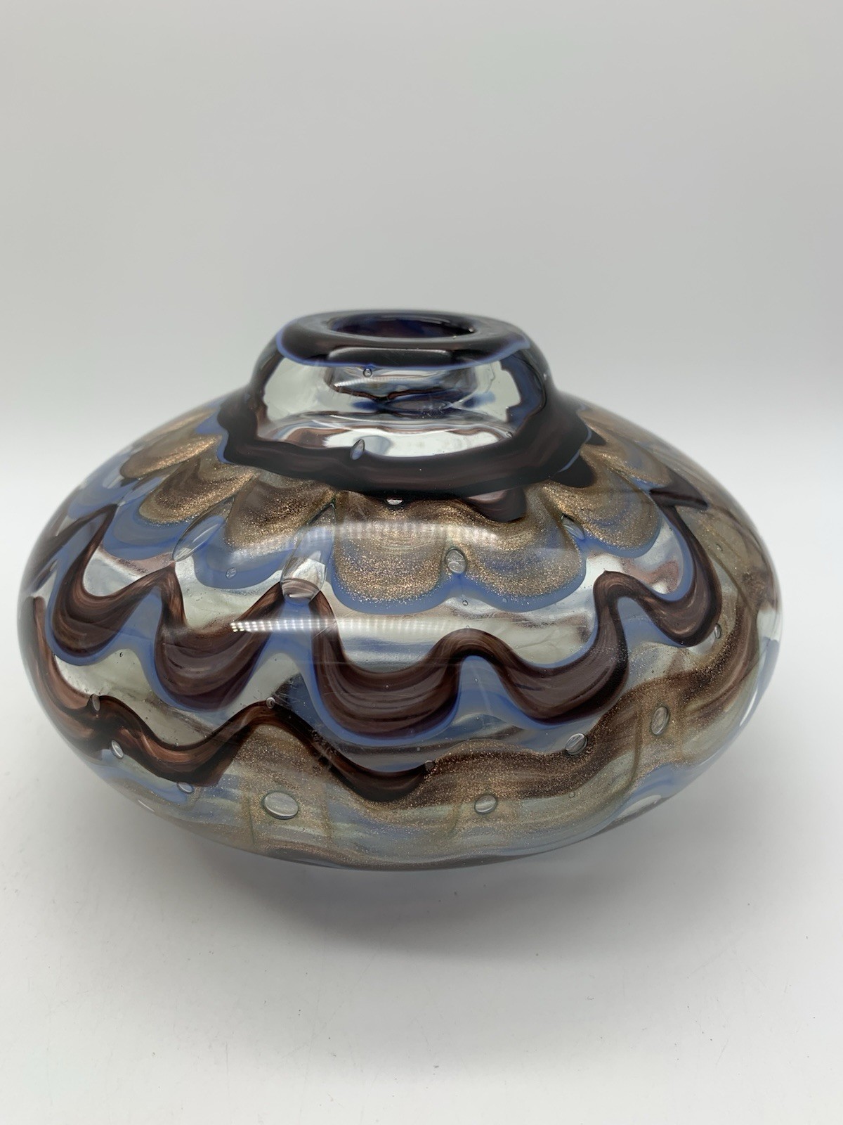 DALE TIFFANY Heavy Art Glass Vase Blue Brown Copper Flecks