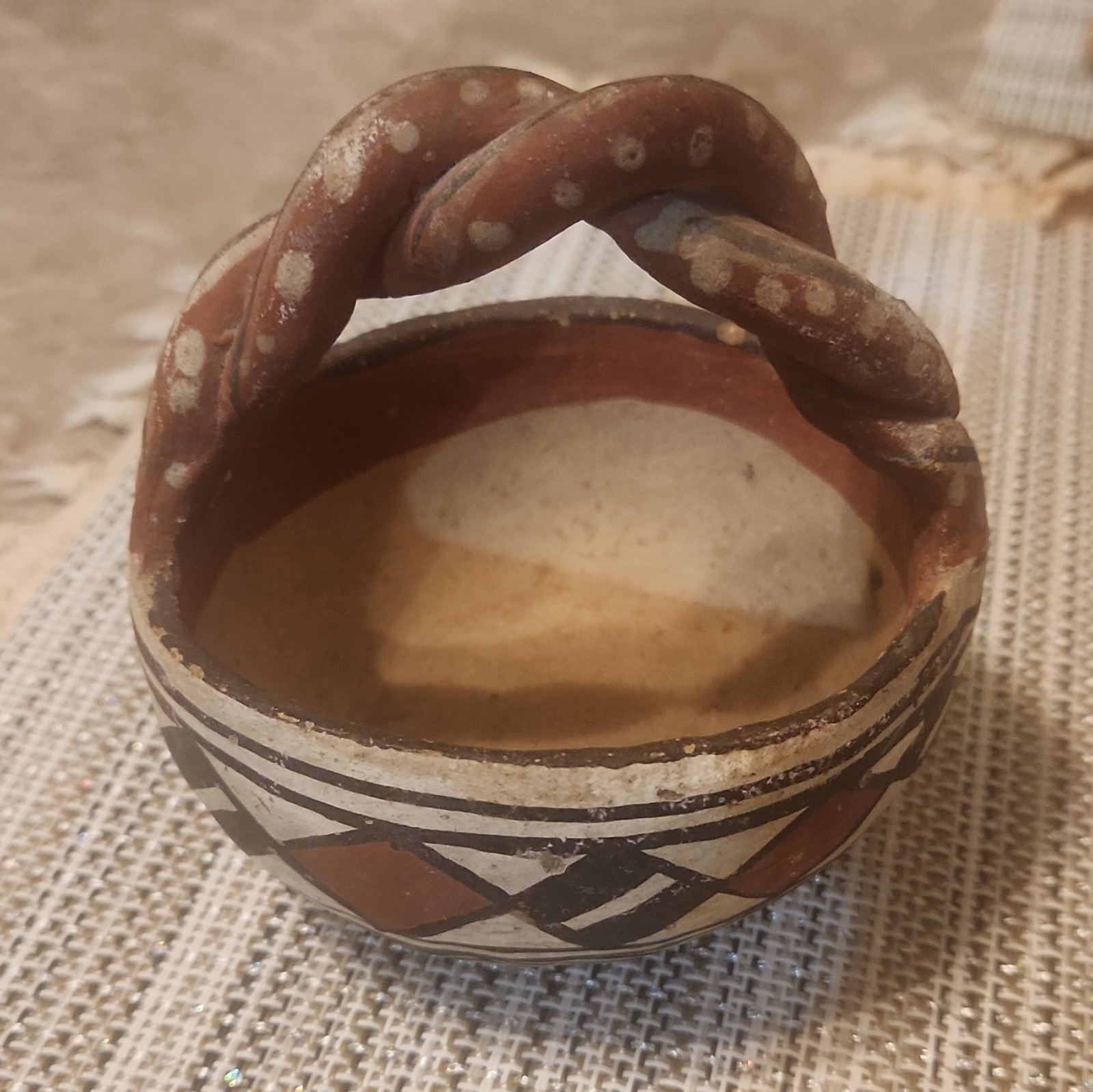 Isleta Pueblo Pottery With Handle Geometric Brown/Beige/Black