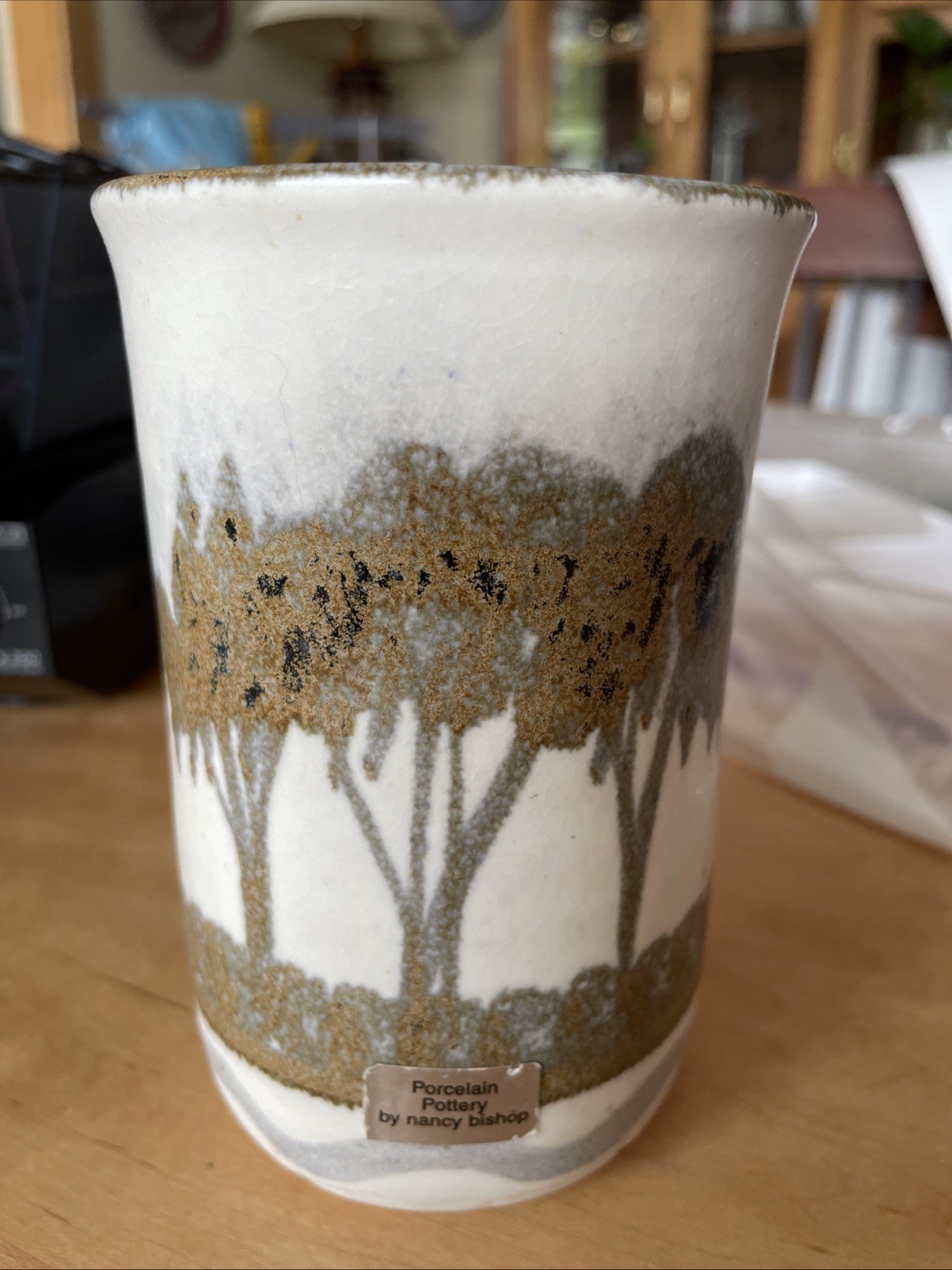 VTG Nancy Bishop Signed Pottery porcelain ceramic vase Trees Danish MCM Sticker