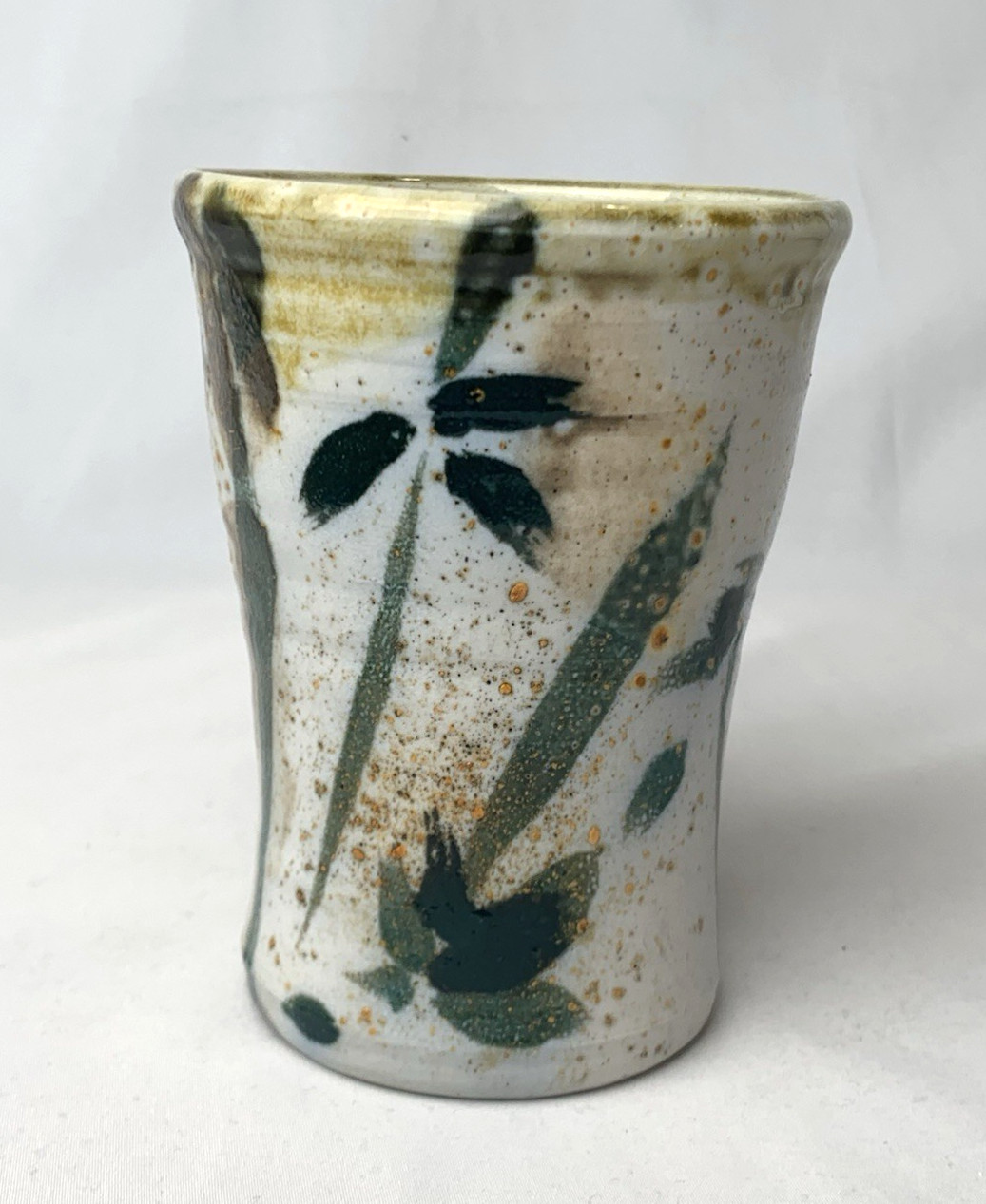 Studio Art Pottery Tumbler Vase Green Trees Leaves Nature Signed 4.75 inches