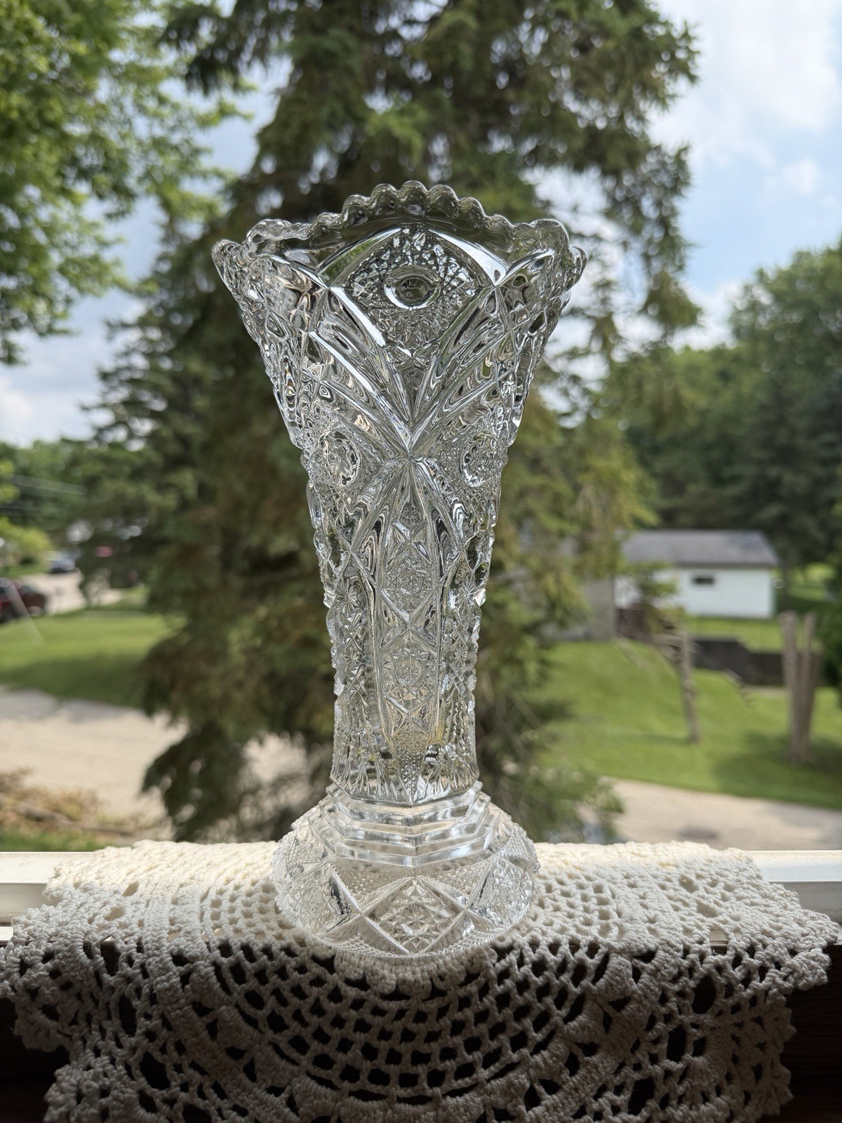 Imperial Glass Co. Clear Pressed Glass Trumpet Vase W/ Star Pattern Sawtooth Rim