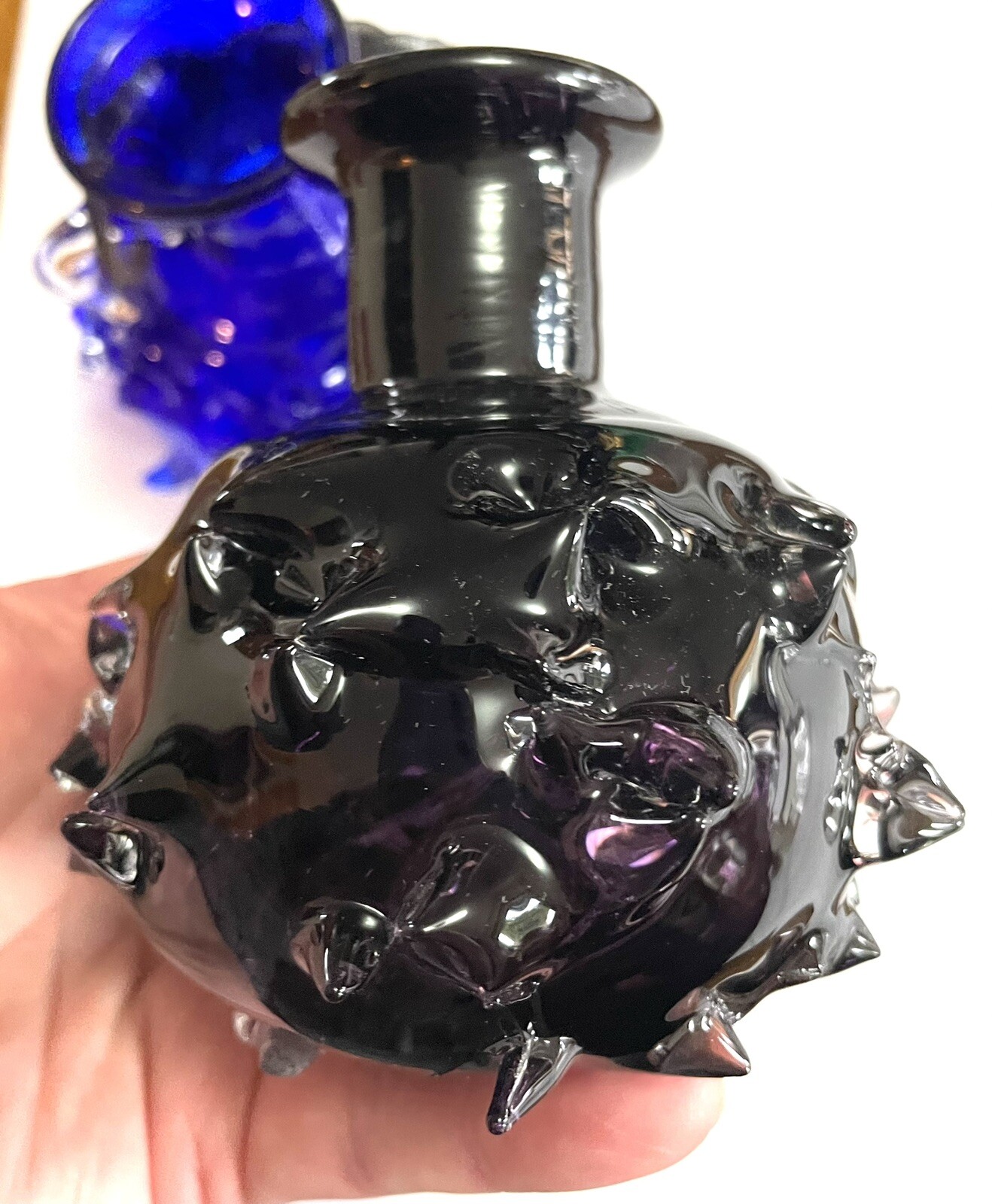 Spiked Blown Glass Double Vase Chain Cobalt Blue Black SIGNED Blown Unique *READ