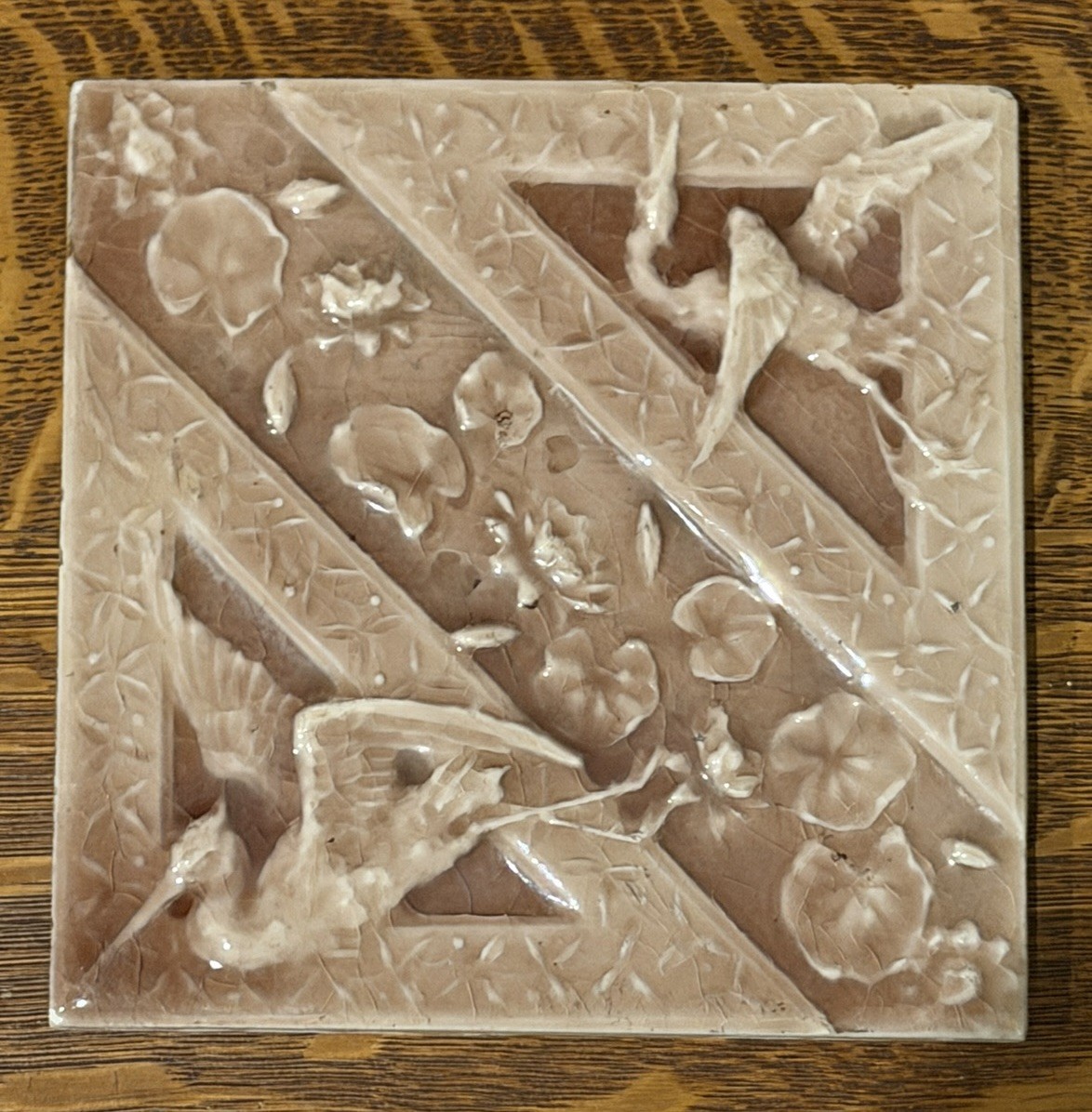 ANTIQUE SIGNED TRENT POTTERY CERAMIC DUSTY PINK TILE WITH HERONS & LILIES 6 1/8”