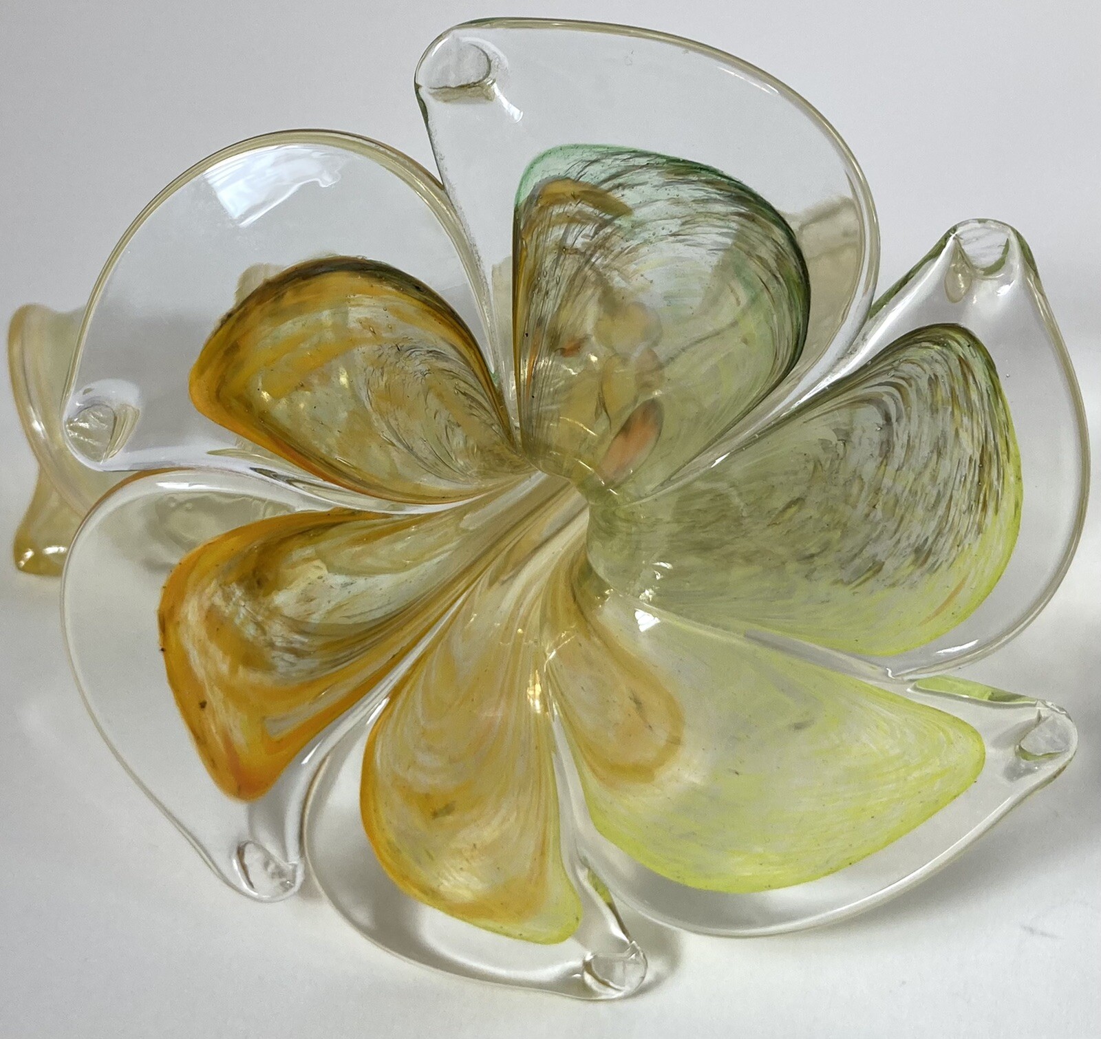 Art Glass FLOWER WITH SWIRLED STEM Clear Orange Yellow Green 4.5 Inches Tall