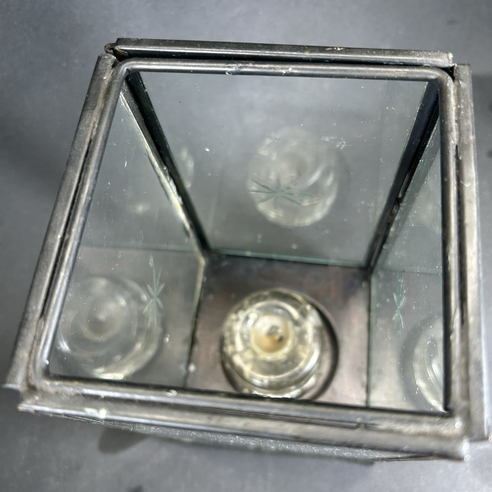Vtg Etched Glass Candle Box With Scandinavian Glass Candle Holder & Hinged Door