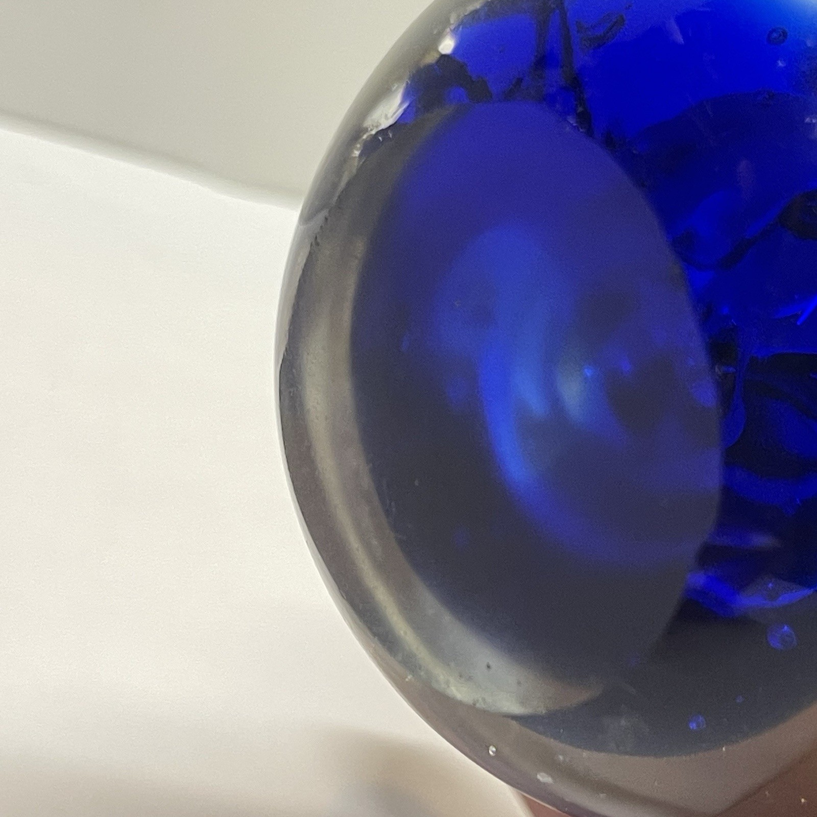 Pewter Fairy Sitting On Cobalt Blue Controlled Bubbles Art Glass Paper Weight