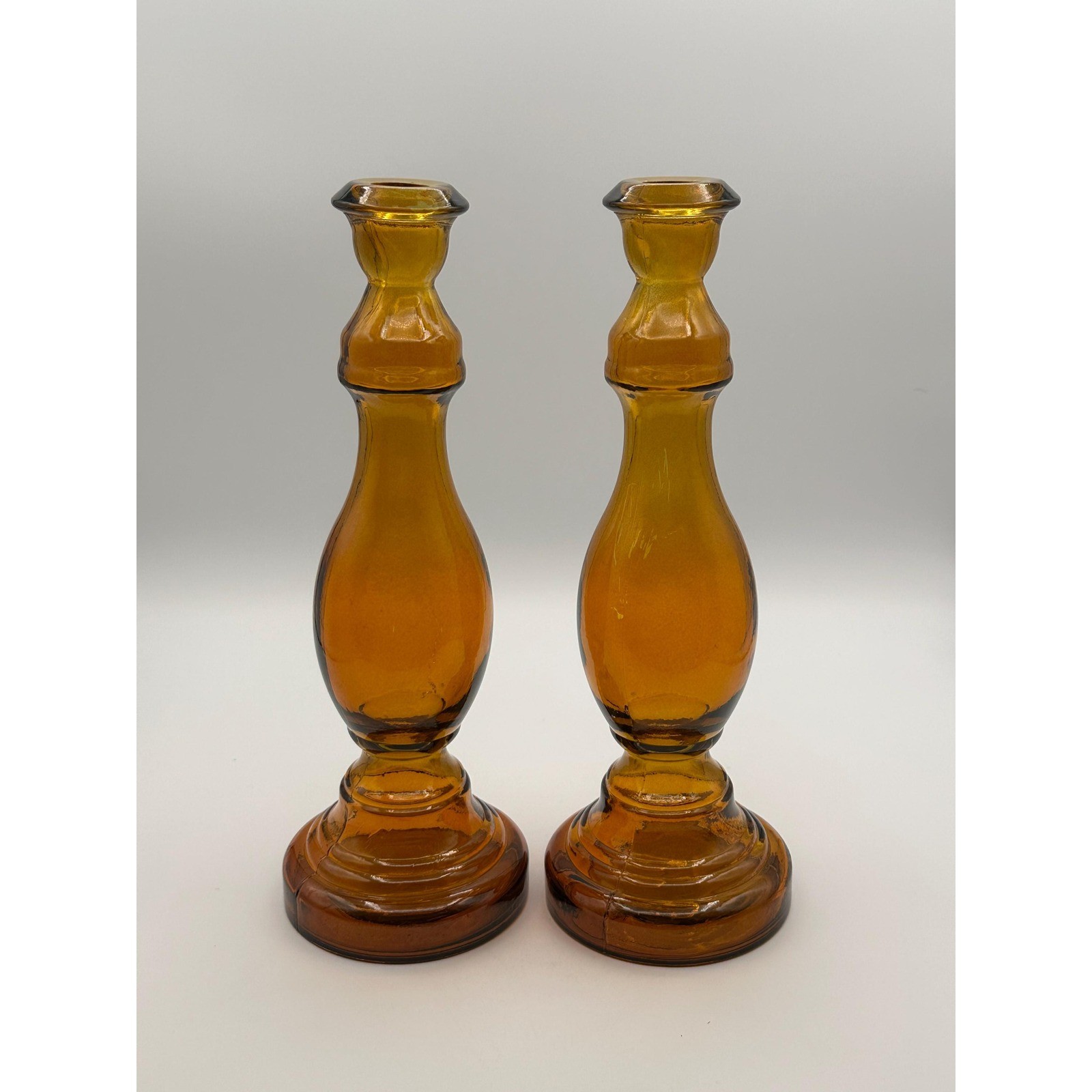 Vintage Amber Glass Candlestick Holders Pair MCM Candle Decor