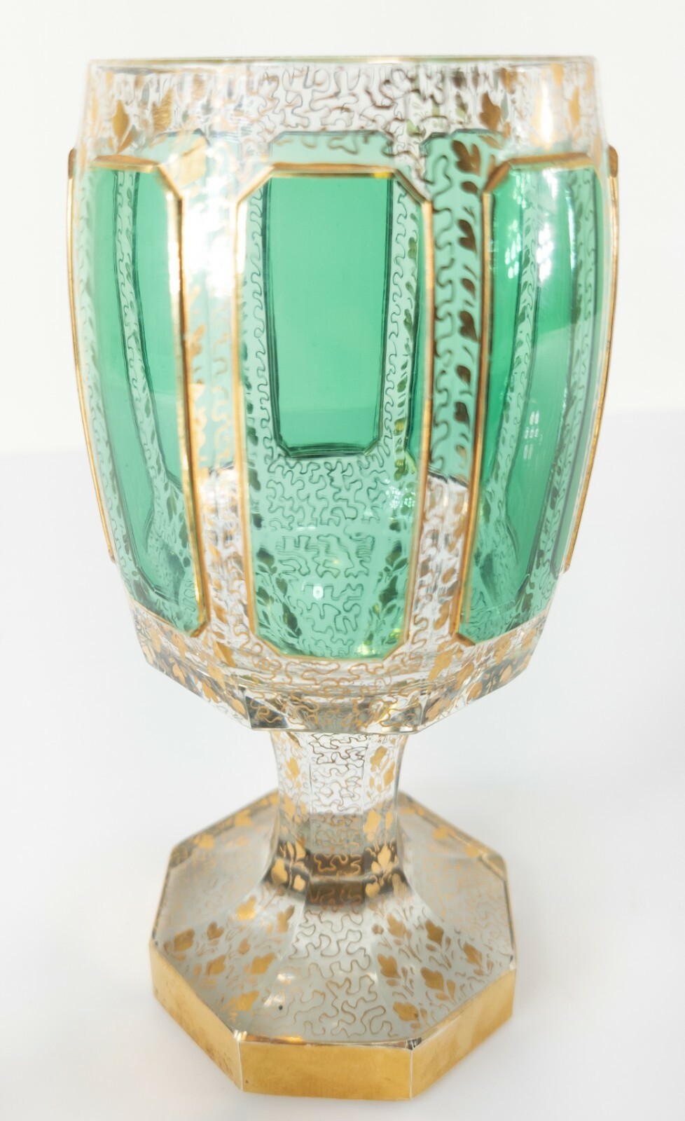 Antique Bohemian Crystal Glass Moser Style Green Cabochon and Gilt Urn Vase