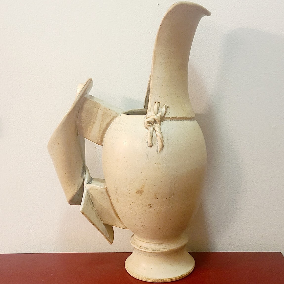 Large Footed Pottery Ewer / Pitcher / Vase – Curled Handle / Mock Leather Ties