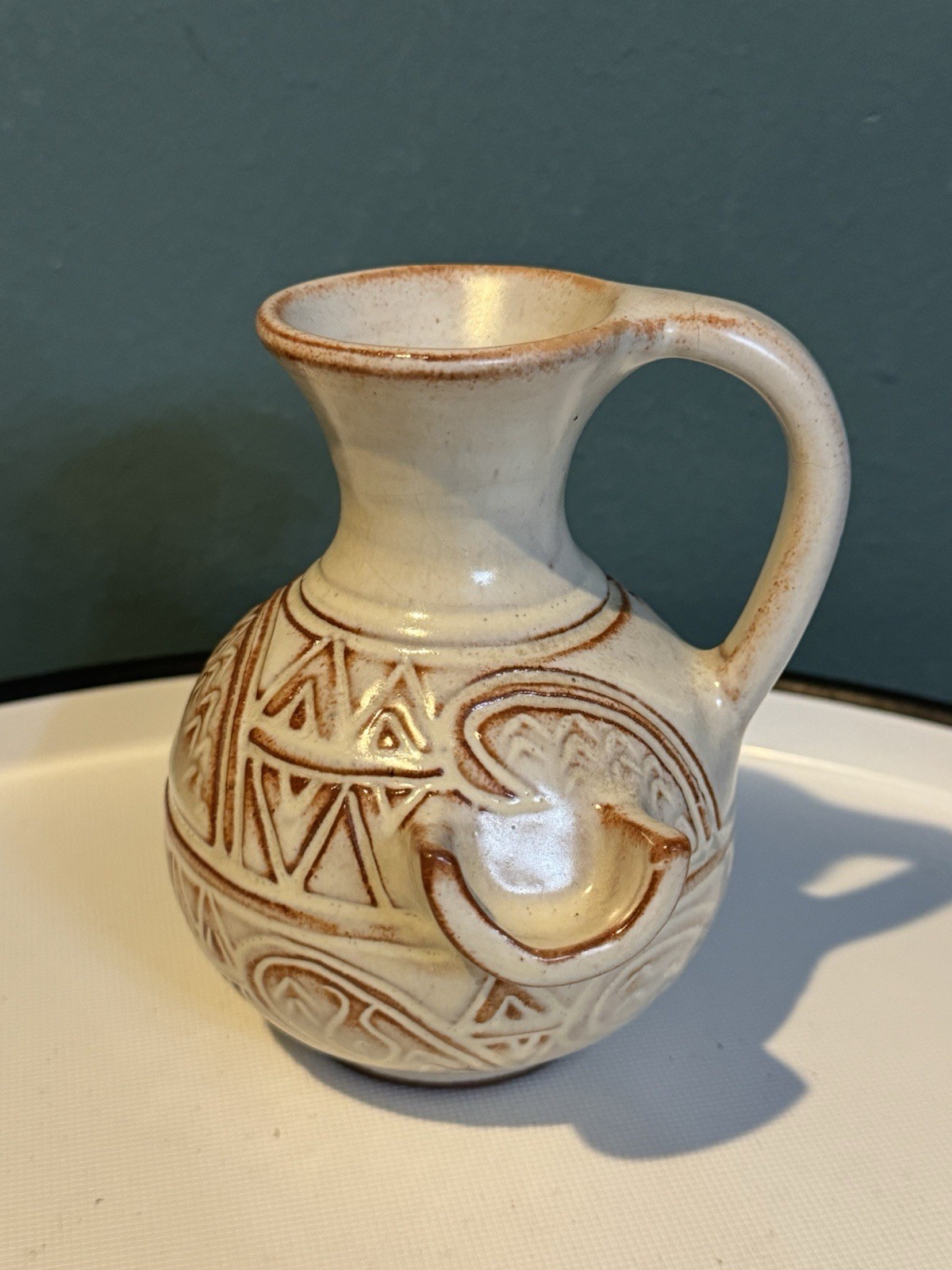 CHS Cyprus Handicrafts Studio Sgraffito Carved Pottery Pitcher Ewer Vase 4.5”