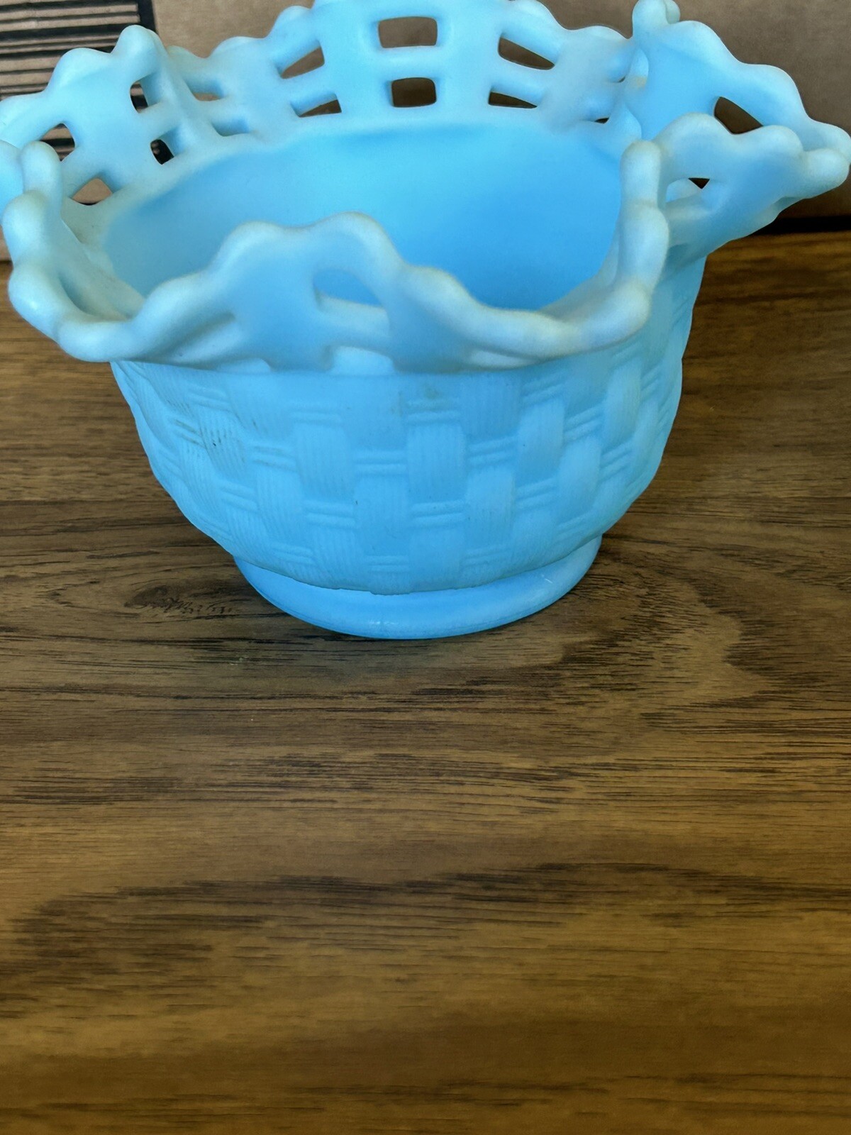 Vtg Match Pair Fenton Blue Satin Glass Basket Weave Ruffled Rose 3” Bowl Vase DP