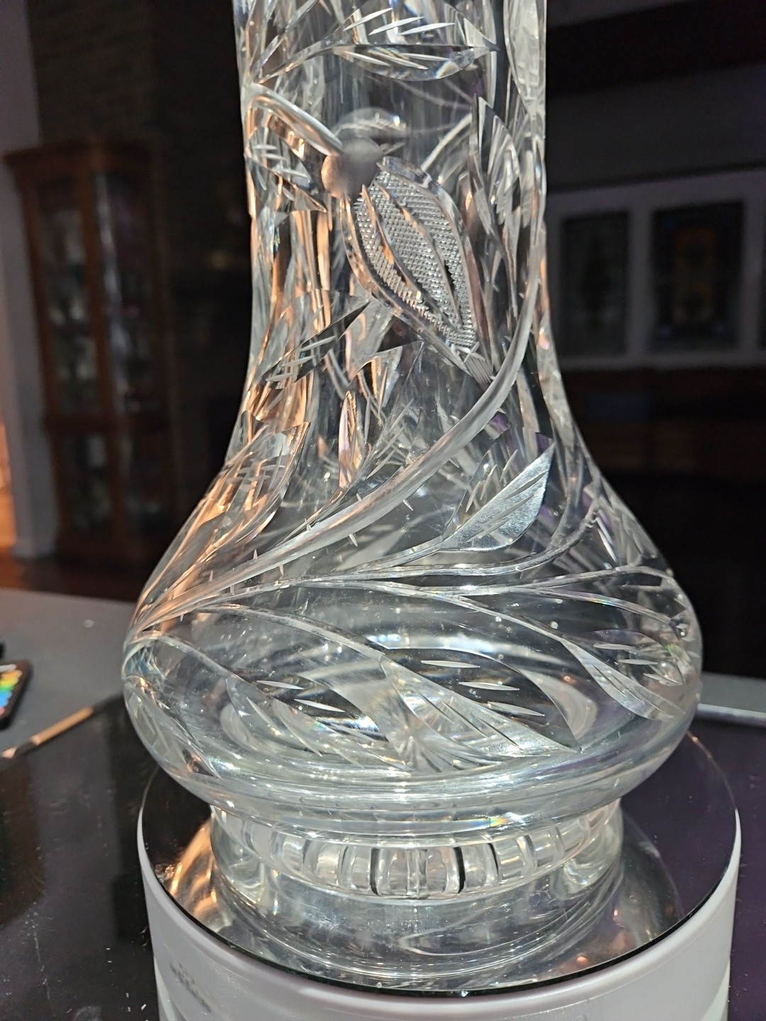 Huge 16-1/4″ VASE, American Brilliant Period Cut Glass Crystal Butterfly & Rose