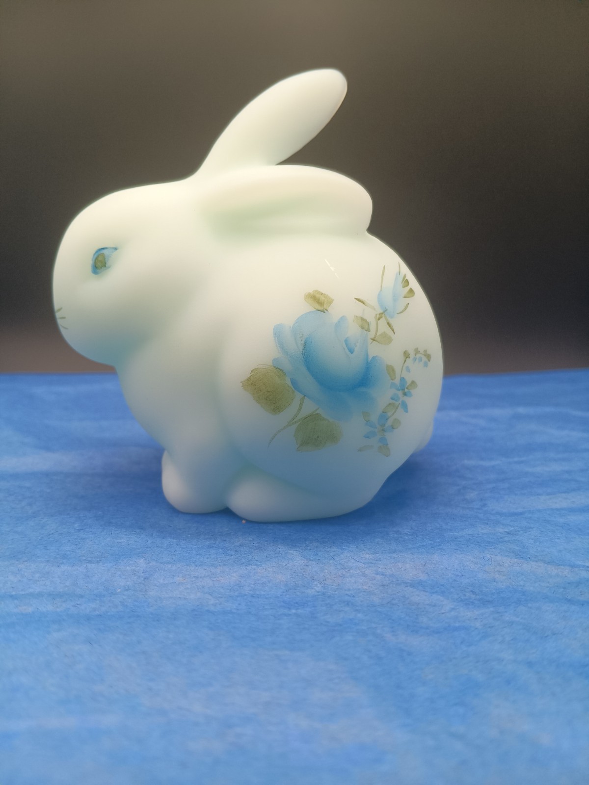 Fenton Hand Painted Signed Blue Satin Glass Rabbit Figurine