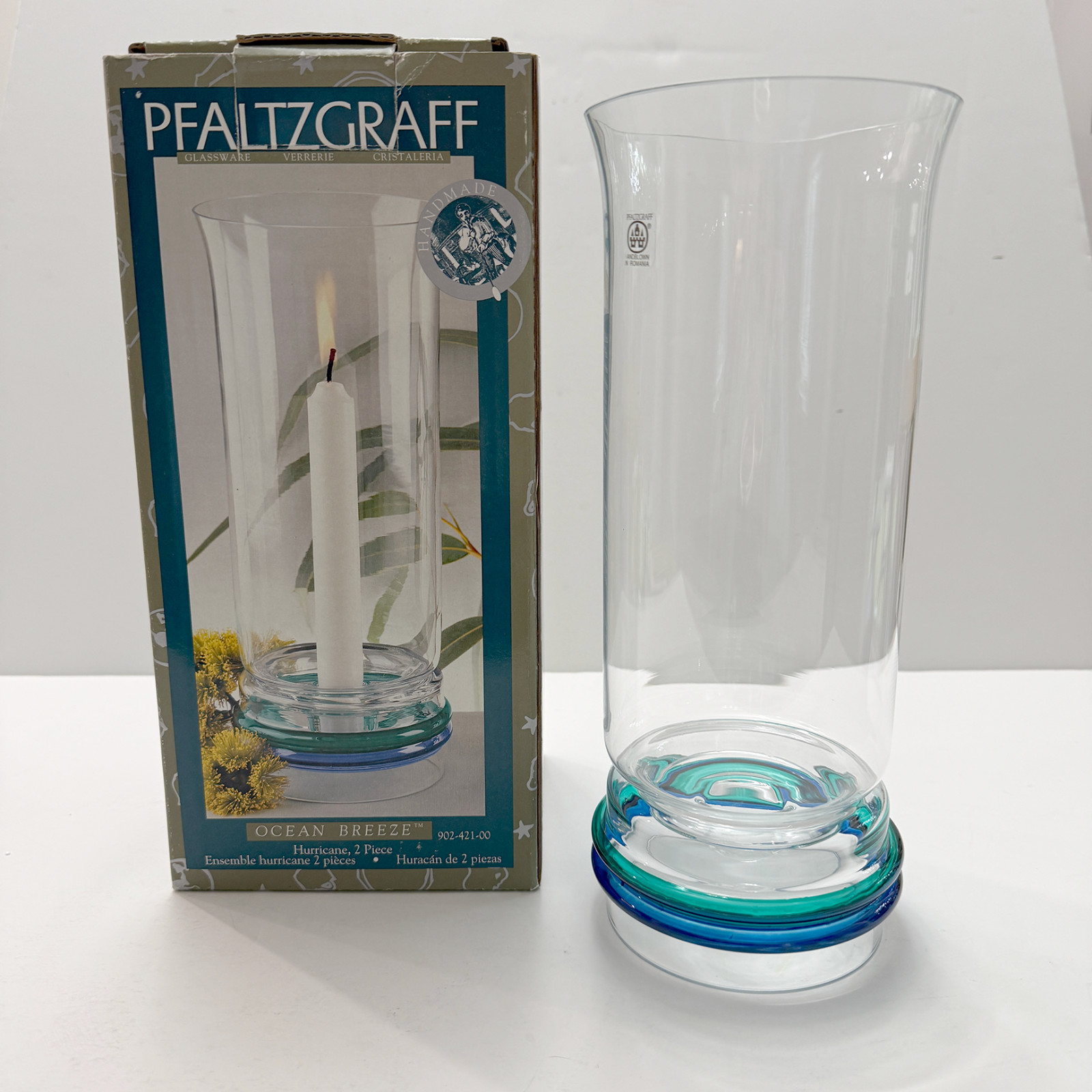 VTG Pfaltzgraff OCEAN BREEZE (Green & Blues) Hurricane Candle Holder, 2 pc.-NIB