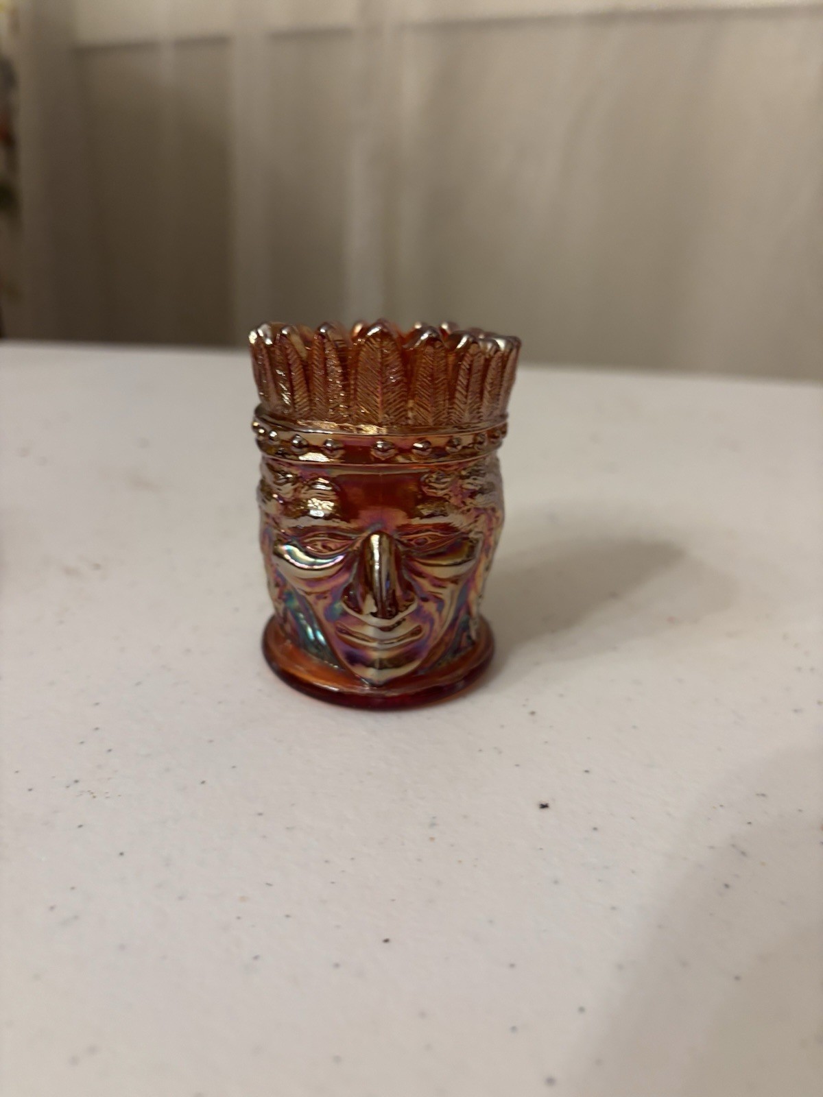 Iridescent Orange Glass Crowned Head Figurine, 2.5 in Tall