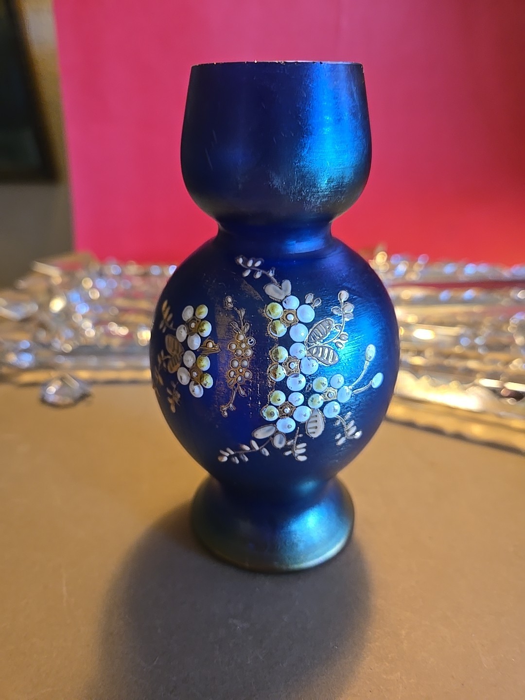 Vintage LOETZ ? Bohemian Blue Aurene Art Glass Iridescent Vase Floral Decor