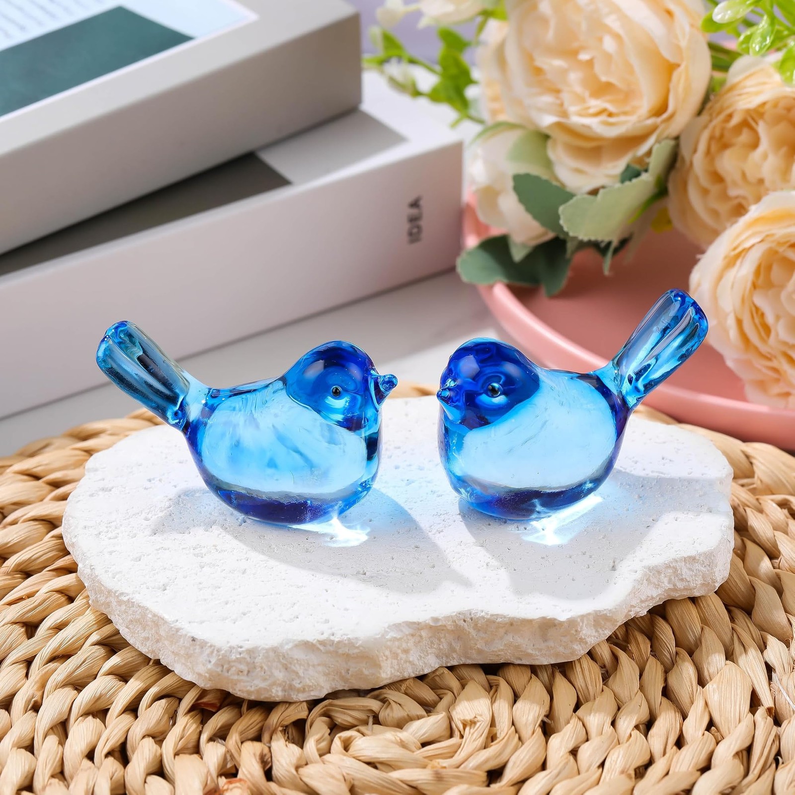 Qianwei 2pcs Blue Glass Birds Figurine Handmade Blown Crystal Home Decor | Cr…
