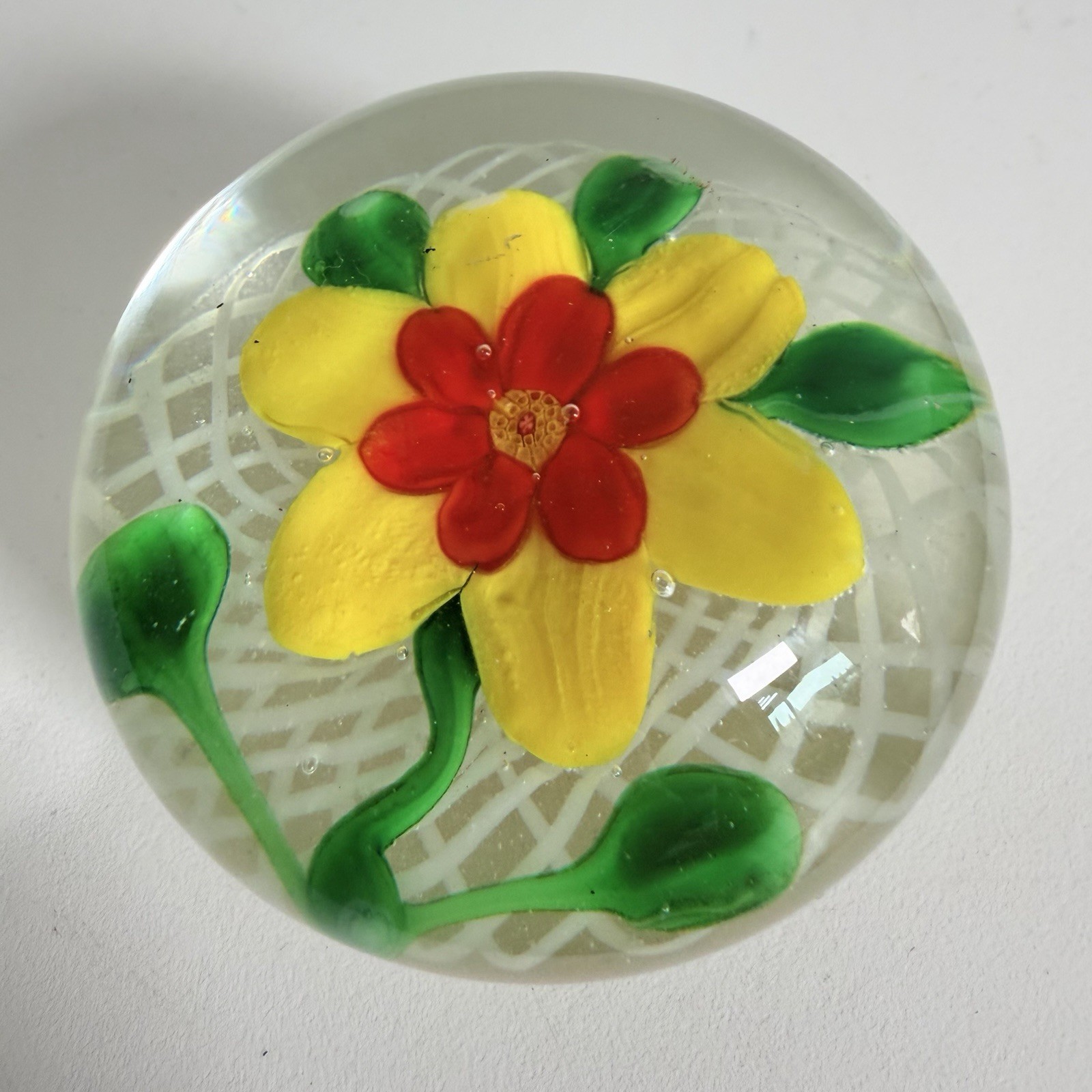 Vintage Glass Paperweight Yellow Lampwork Flower Latticino Base