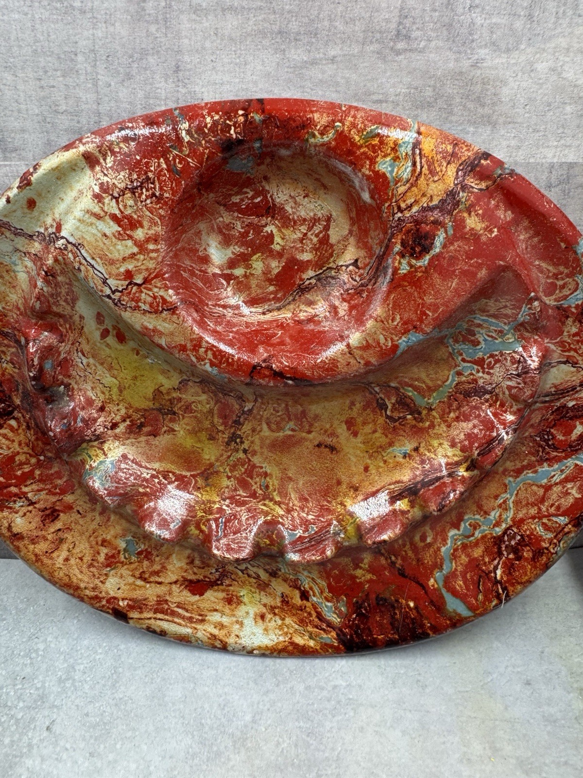 Vintage California USA Original Pottery Ashtray w/ Lighter Red Orange Gold Glaze