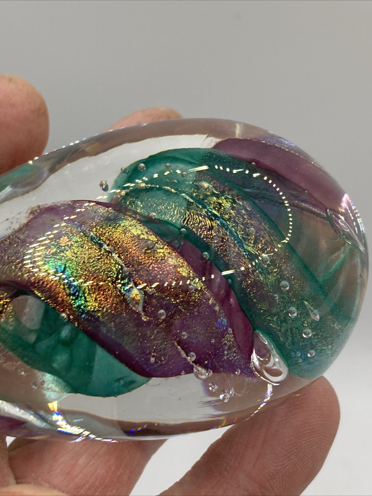 Black Sheep Glass Dichroic Iridescent Swirl Egg Paperweight Signed BSG 2001