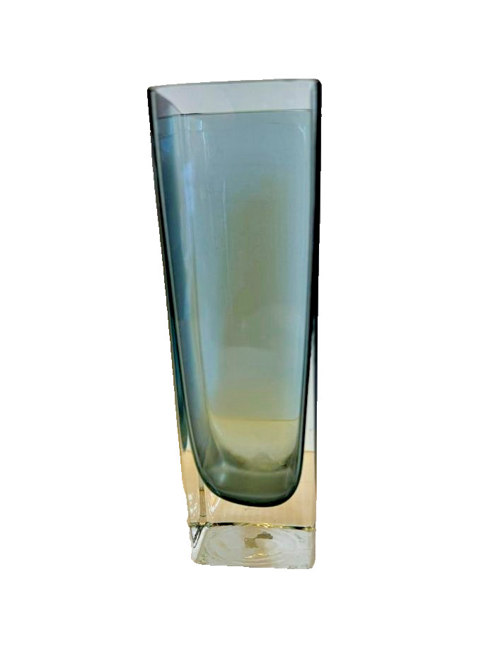 Vintage Scandanavian Linearia Timo Sarpaneva Smoky Blue Square Glass 7″ Vase