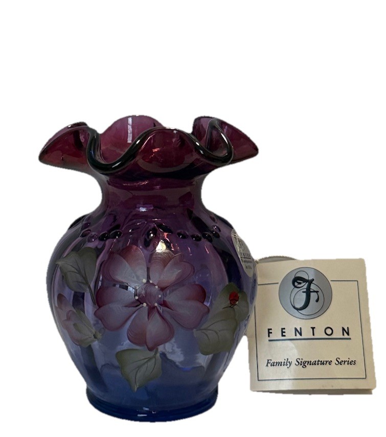 Fenton Mulberry Evening Blossom & Ladybug H/P Art Glass Vase – G. Fenton , Lane