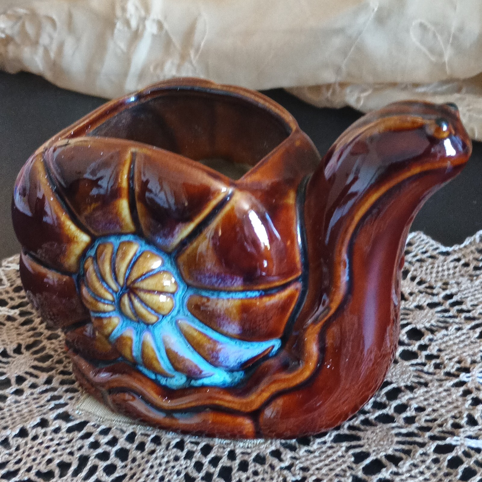 Ceramic Pottery Snail Planter, Brown & Blue Glossy Finish Animal Theme