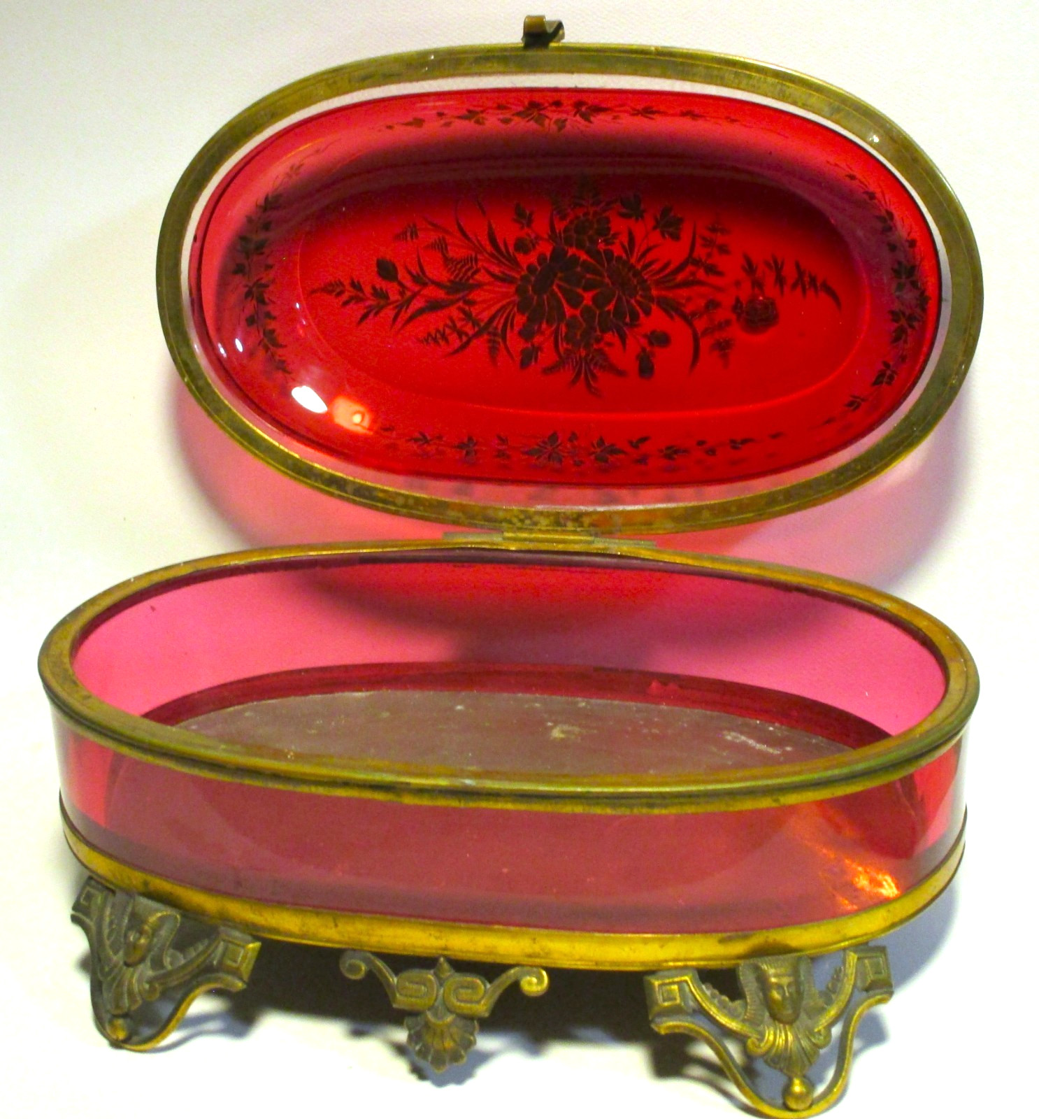 Massive Egyptian Revival Ormolu Cranberry Glass Box Casket Pharoah Heads AMAZING