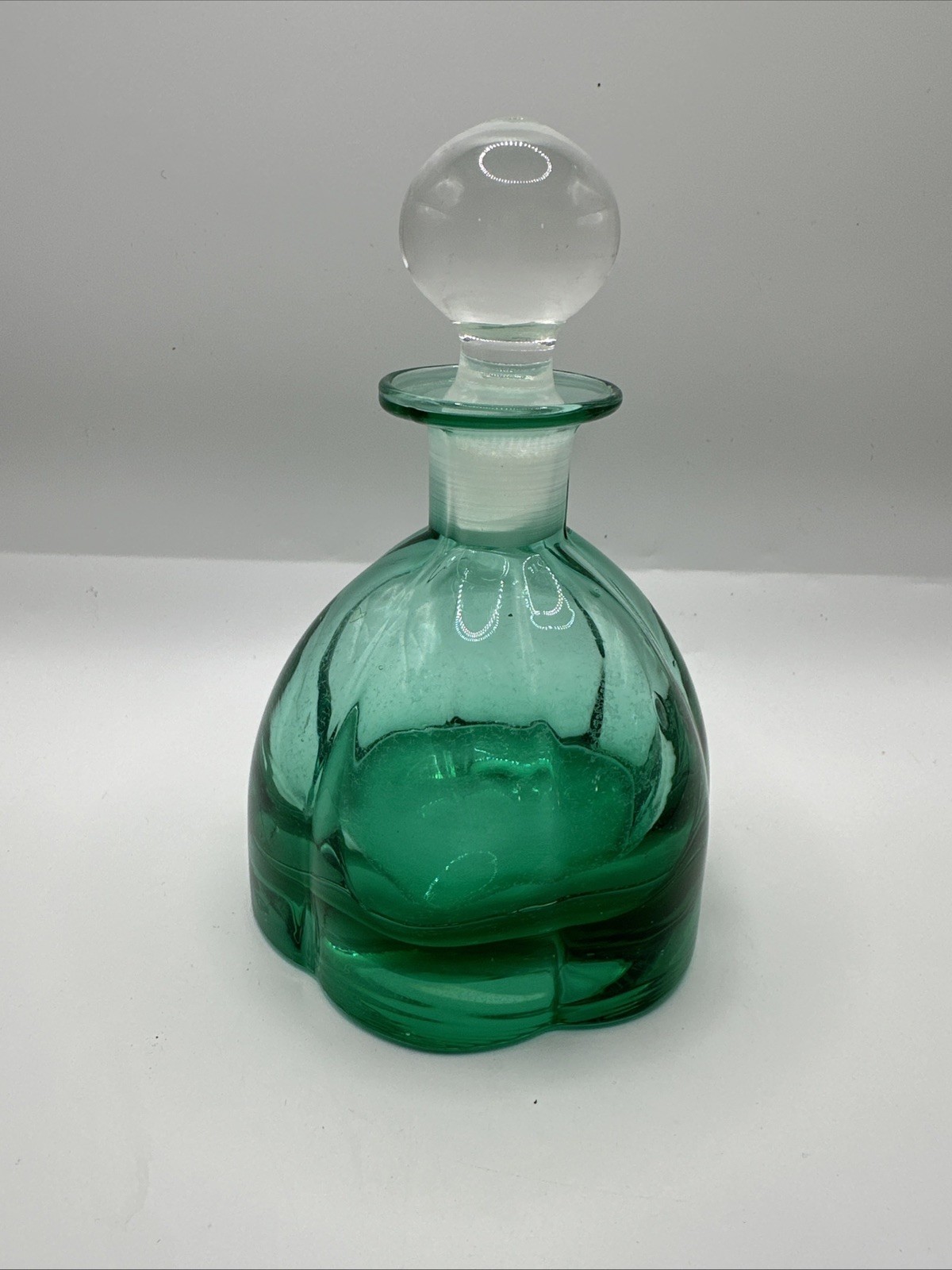 Vintage Green Perfume Bottle with Ball Glass Stopper Art Glass Very Nice 6”
