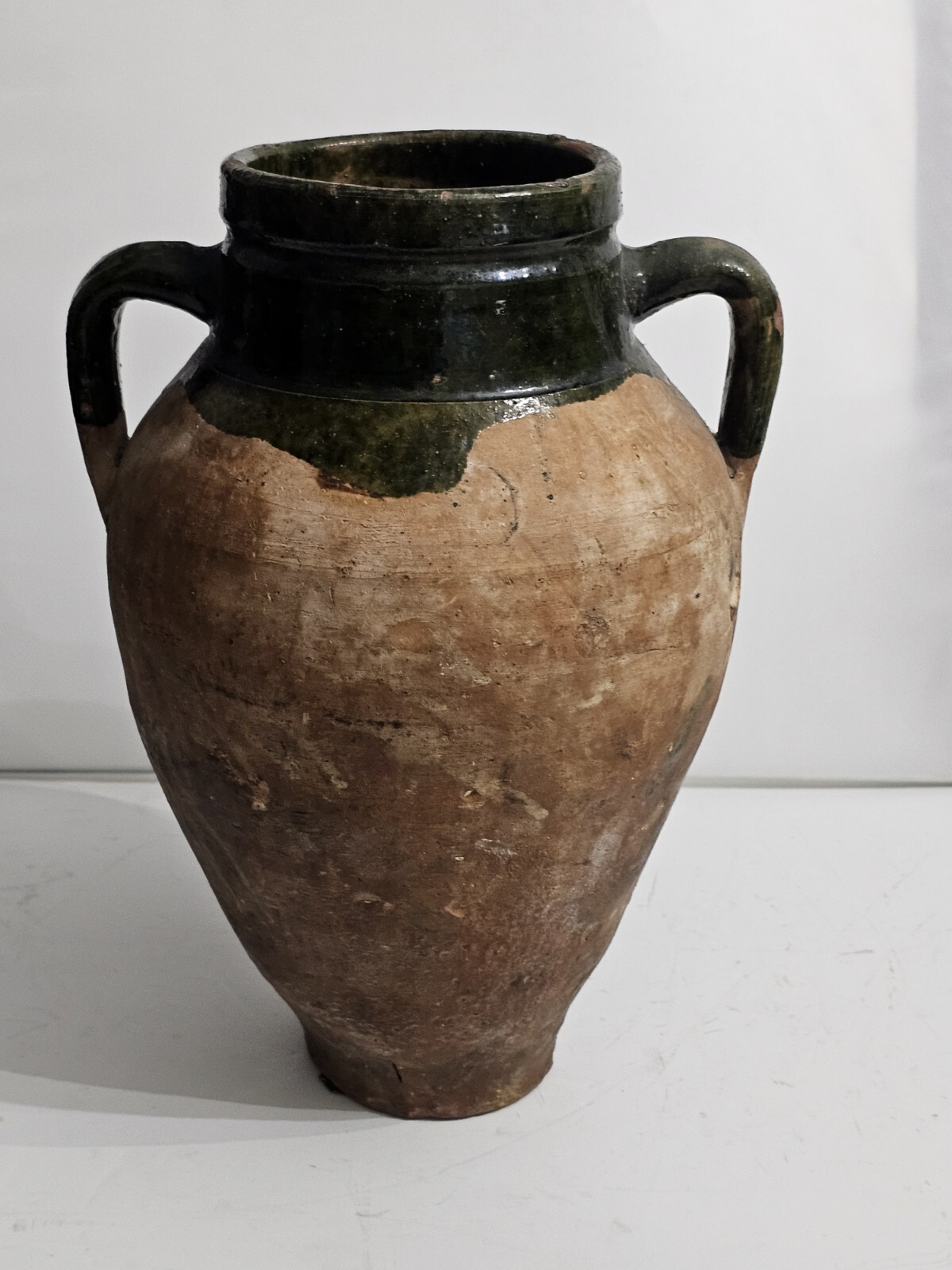 VINTAGE TURKISH TERRACOTTA VASE CLAY POTTERY TWO HANDLES GREEN GLAZE TOP