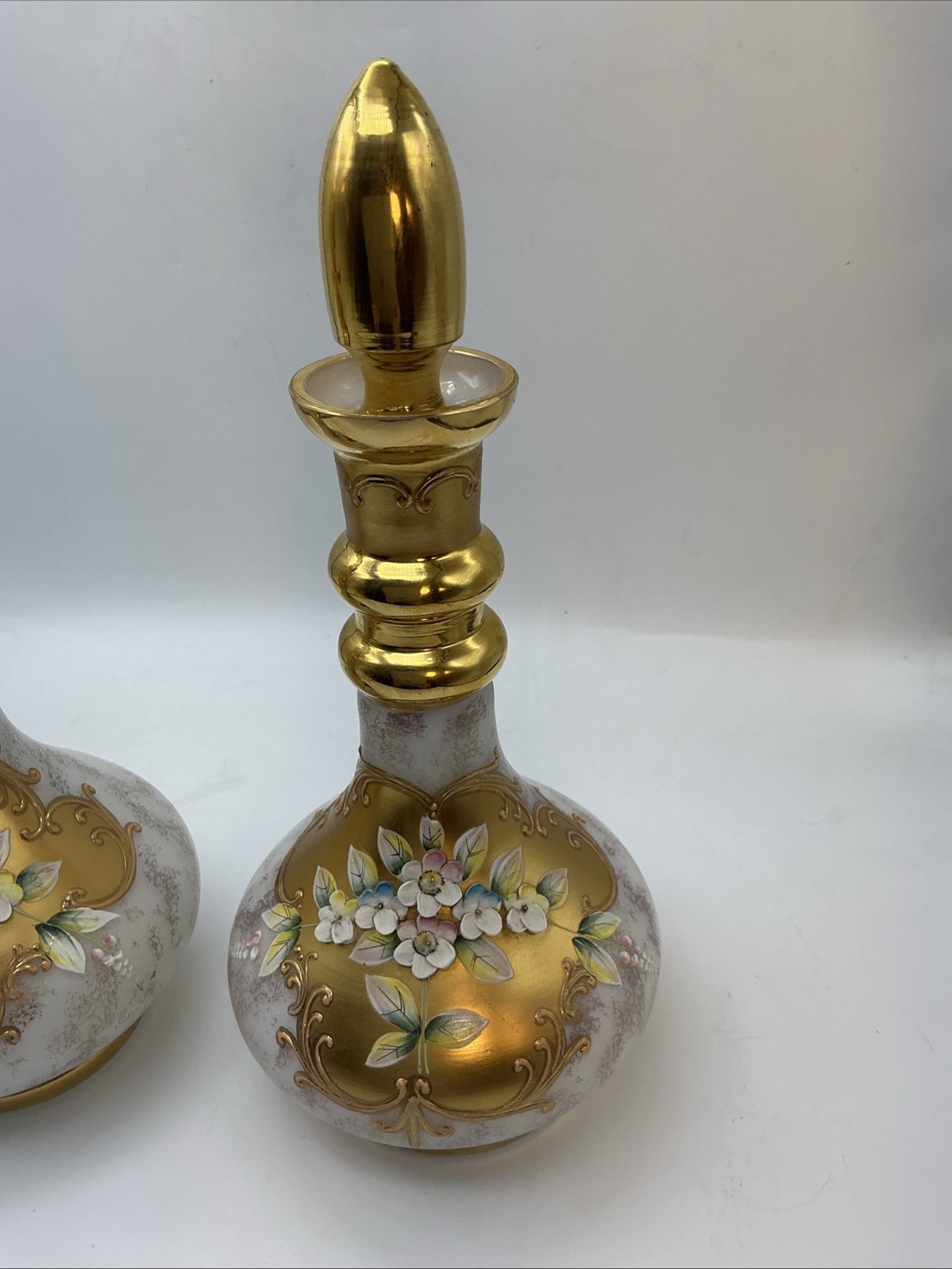 Pair Of Moser 10” Pink Bottles Flowers In Relief