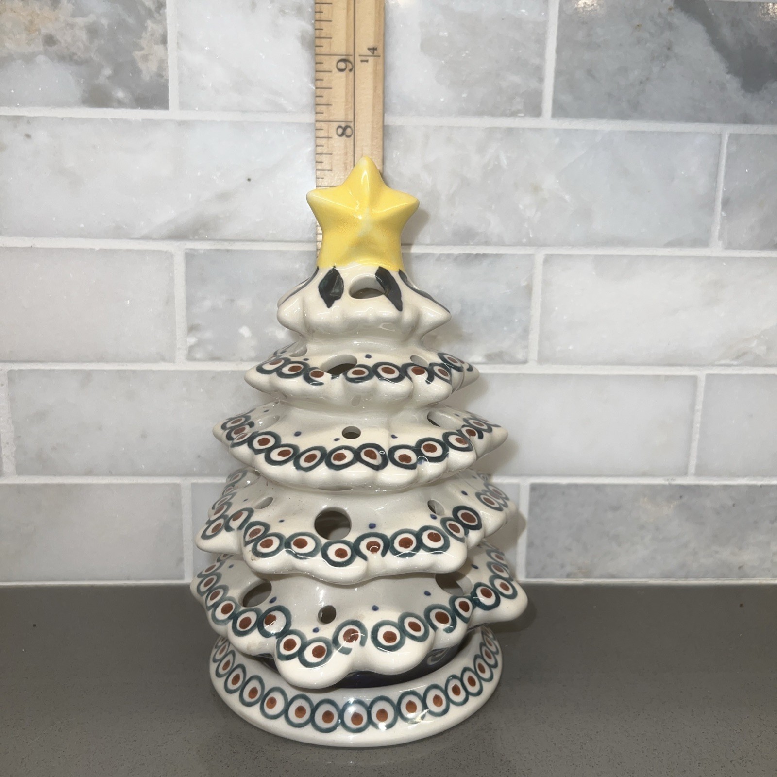 Boleslawiec Polish Pottery Xmas Tree Luminary w/Base Star Top Circles